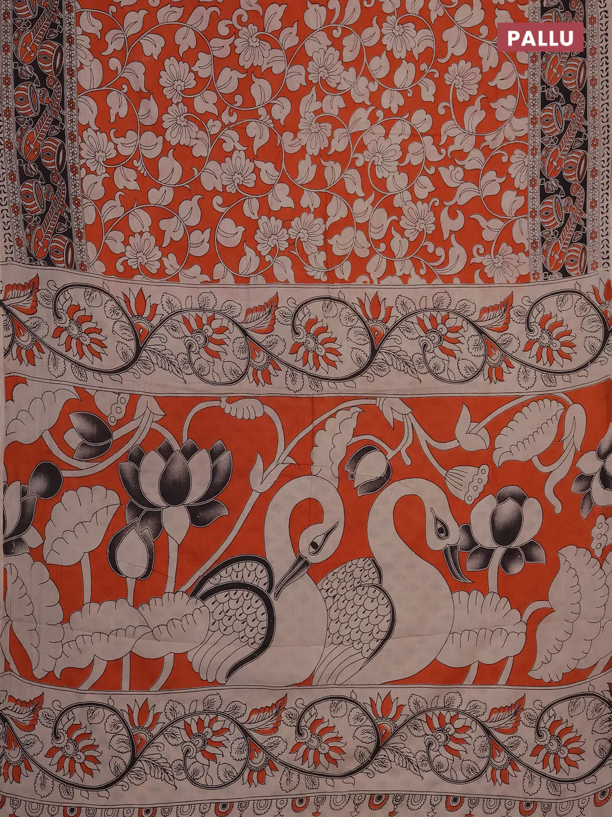 Kalamkari cotton saree orange and black with allover prints and printed border - Image 3