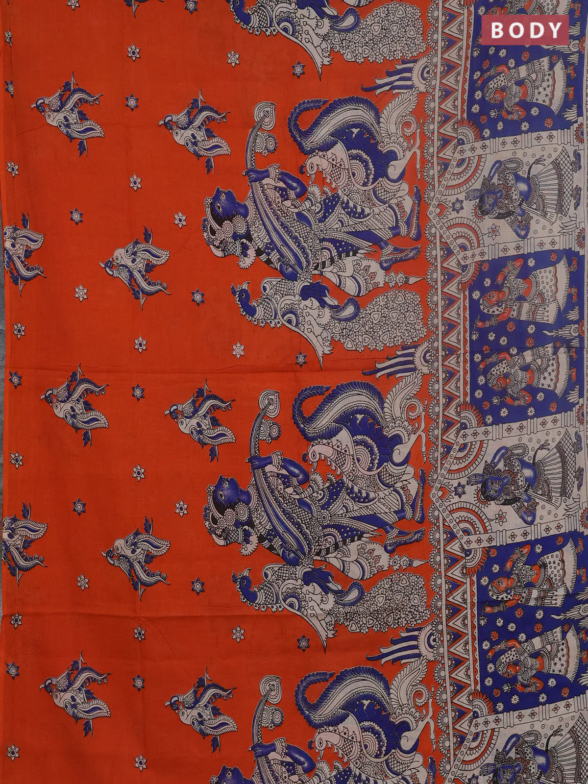 Kalamkari cotton saree orange and blue with allover prints and long printed border - Image 2