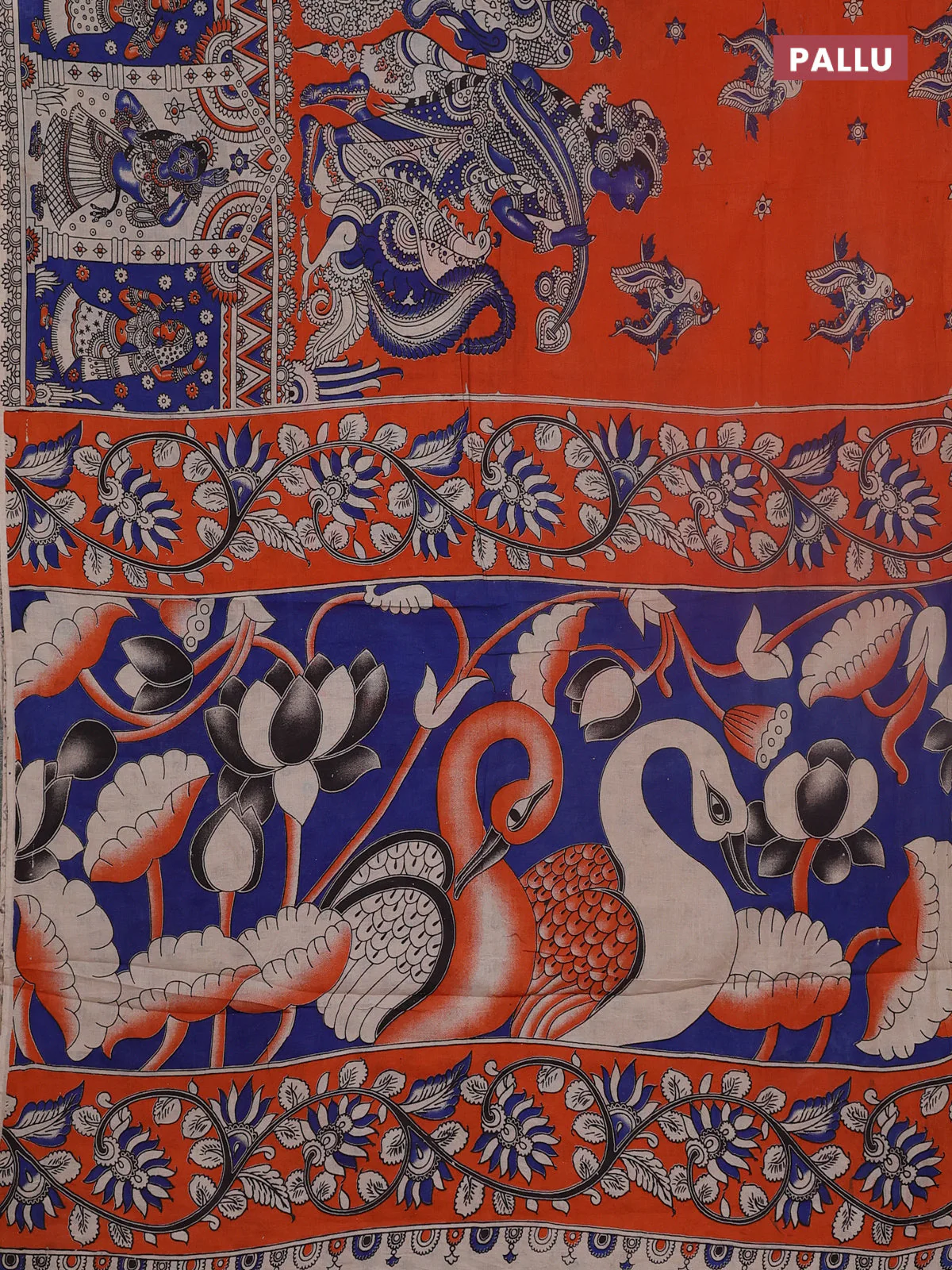 Kalamkari cotton saree orange and blue with allover prints and long printed border - Image 3