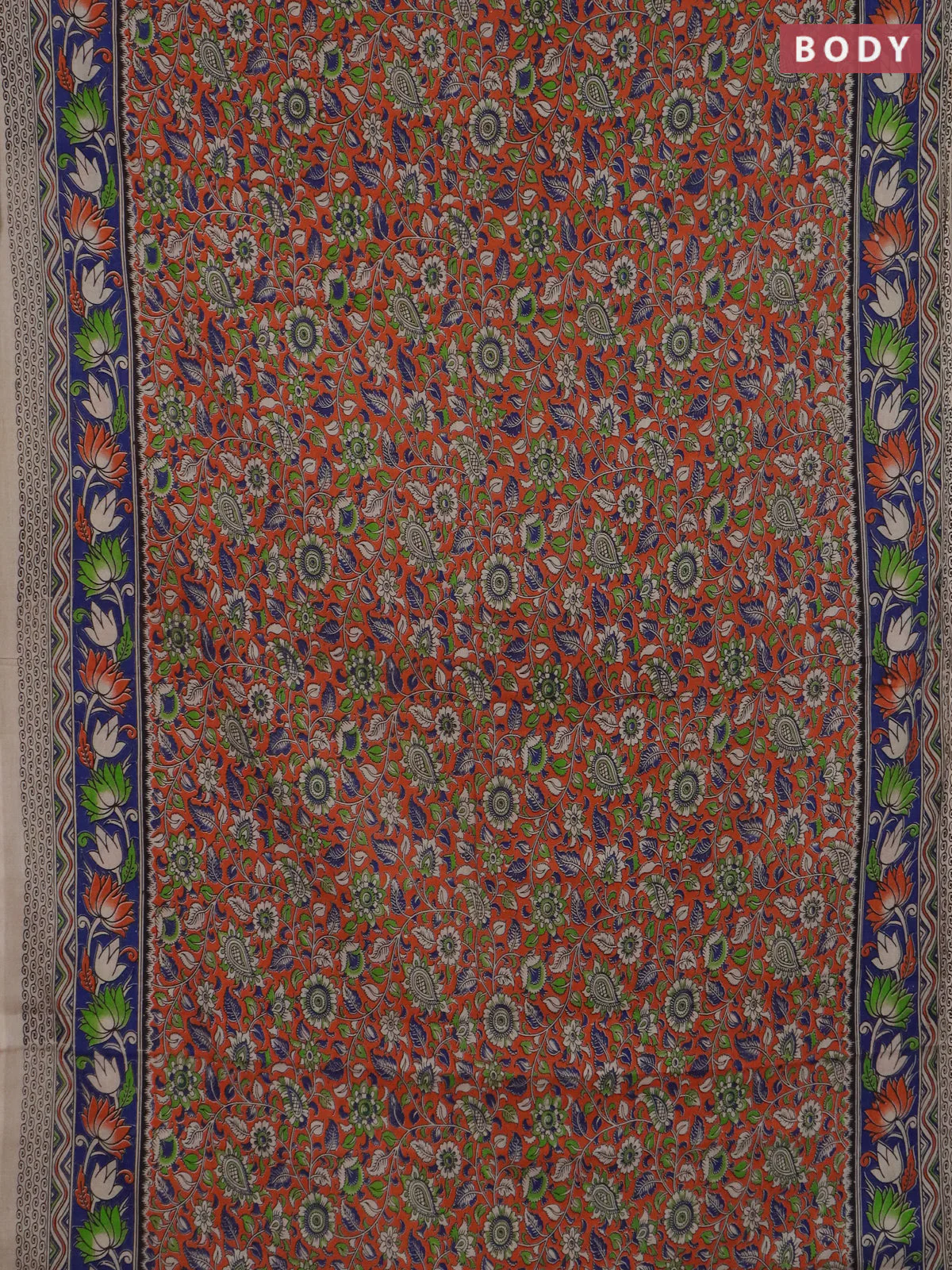 Kalamkari cotton saree orange and blue with allover prints and printed border - Image 2