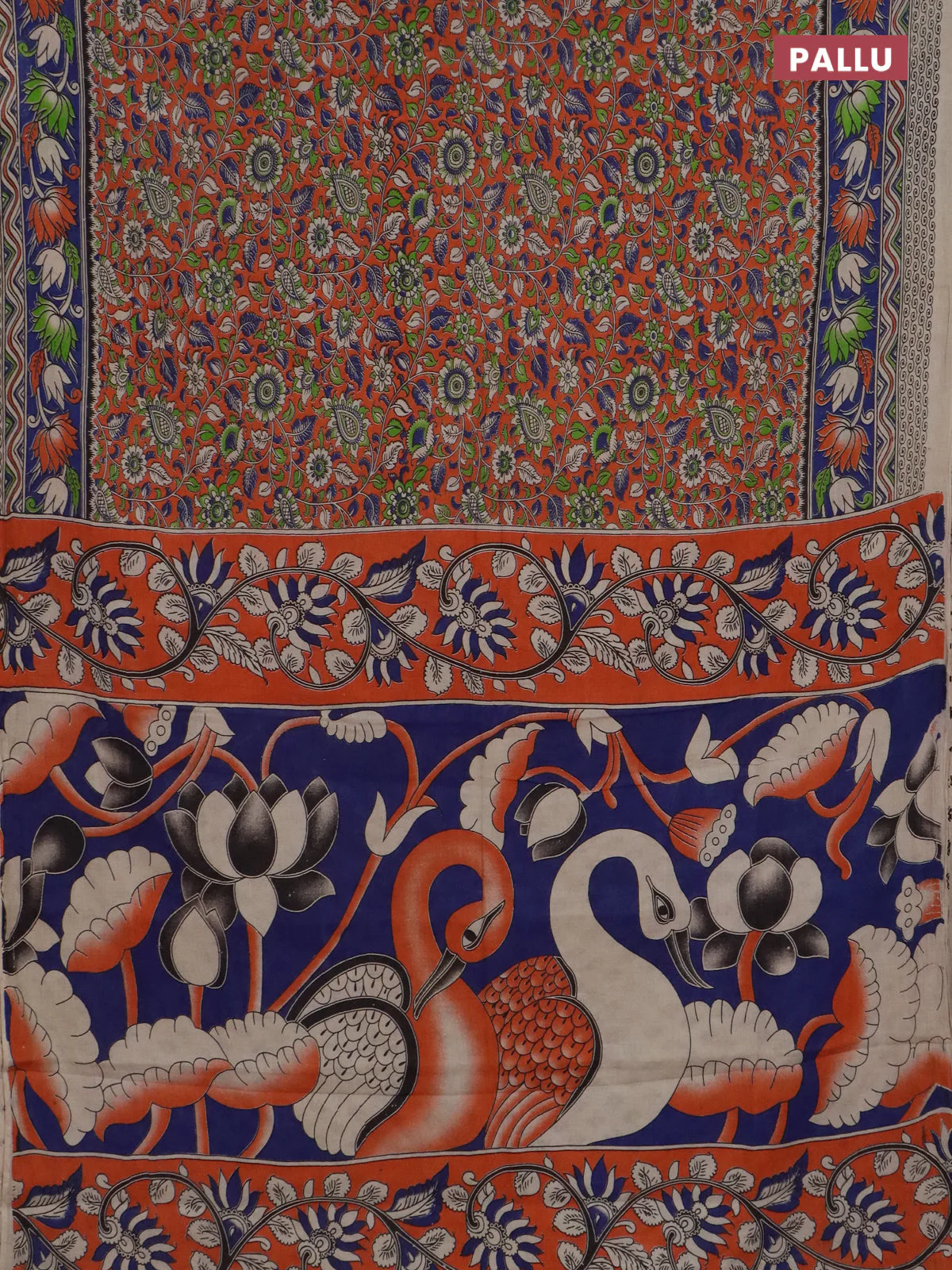 Kalamkari cotton saree orange and blue with allover prints and printed border - Image 3