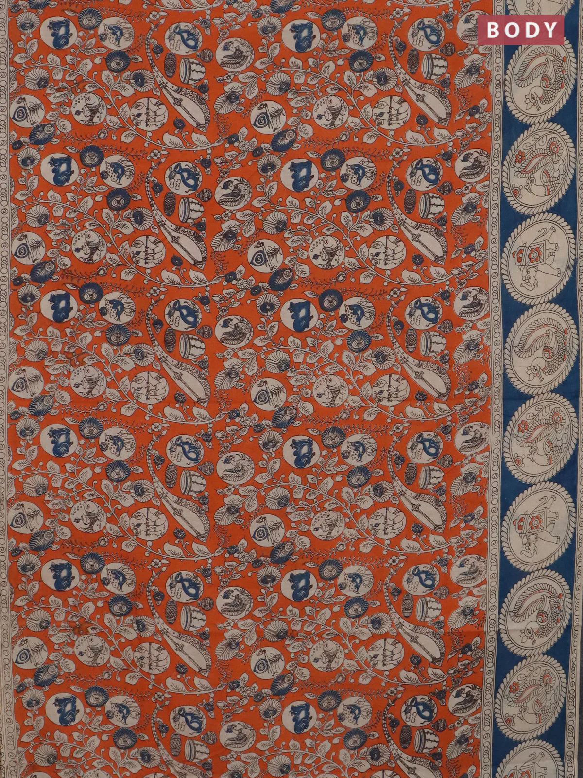 Kalamkari cotton saree orange and blue with allover prints and printed border - Image 2