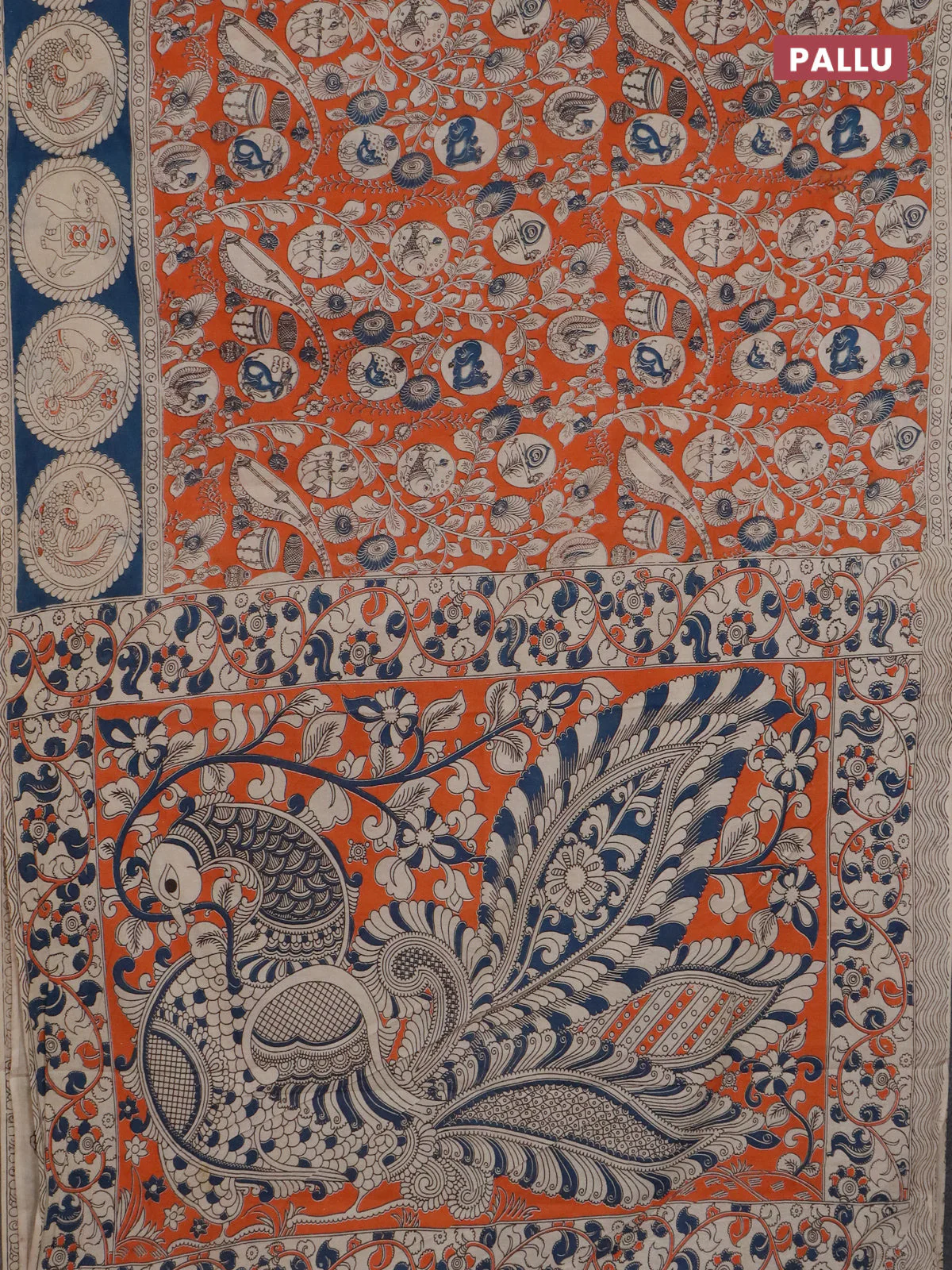 Kalamkari cotton saree orange and blue with allover prints and printed border - Image 3
