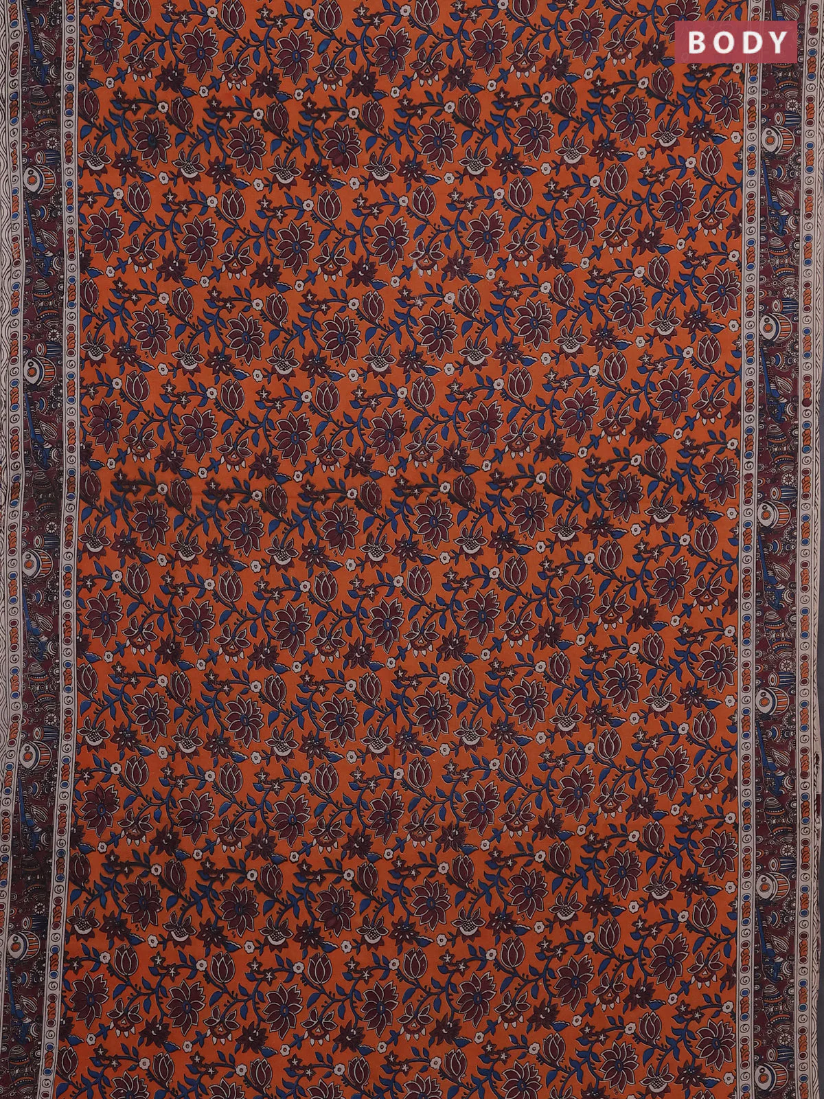 Kalamkari cotton saree orange and deep maroon with allover prints and printed border - Image 2