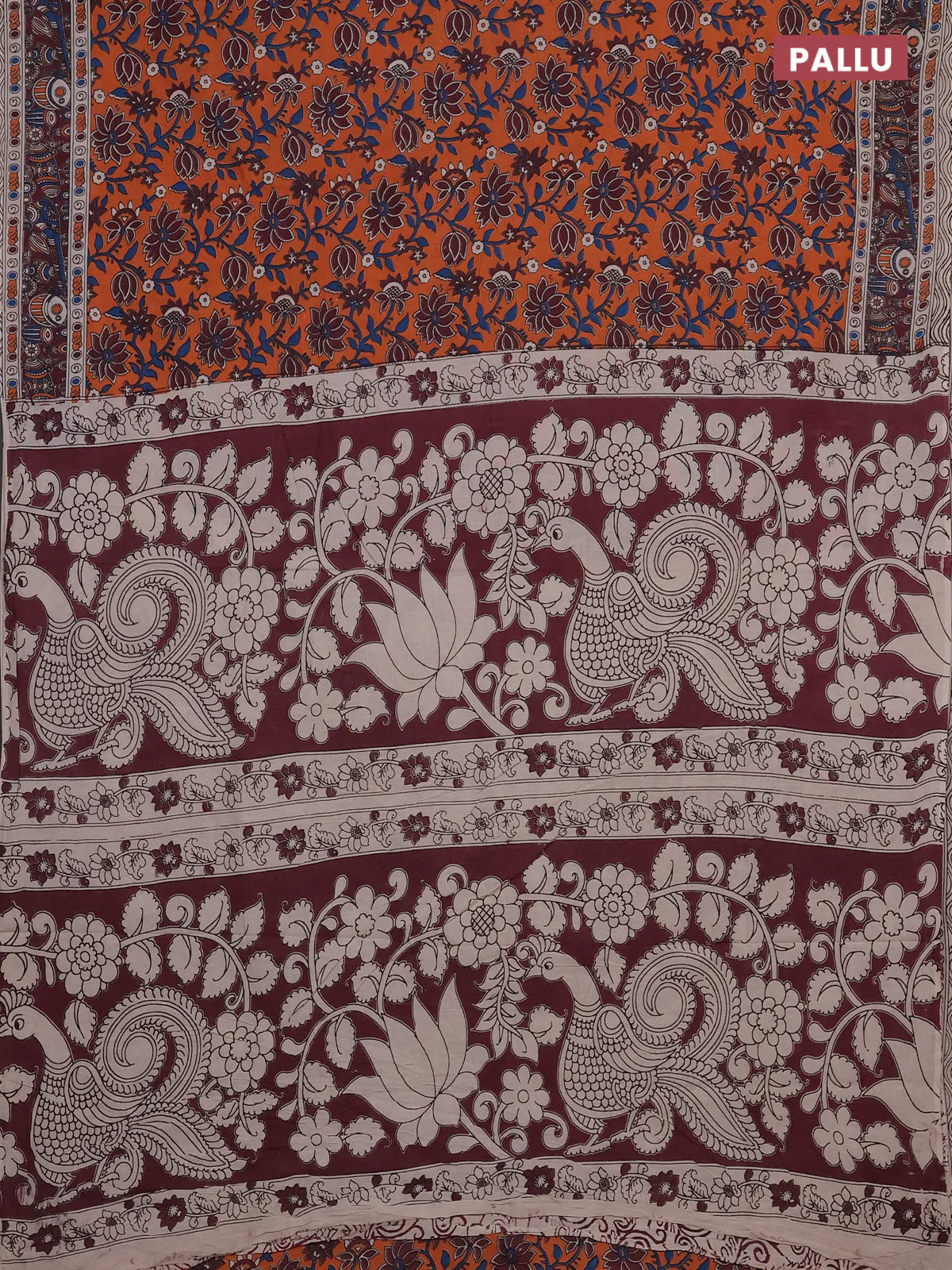 Kalamkari cotton saree orange and deep maroon with allover prints and printed border - Image 3