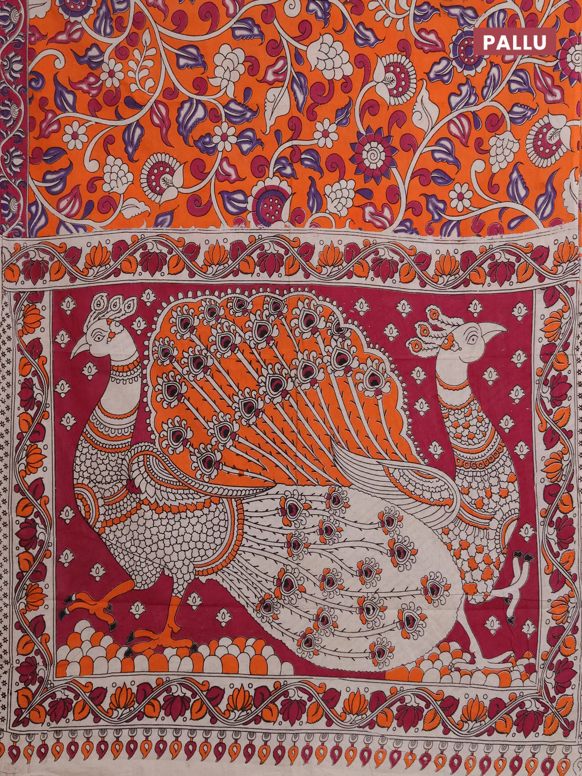 Kalamkari cotton saree orange and magenta pink with allover prints and printed border - Image 3