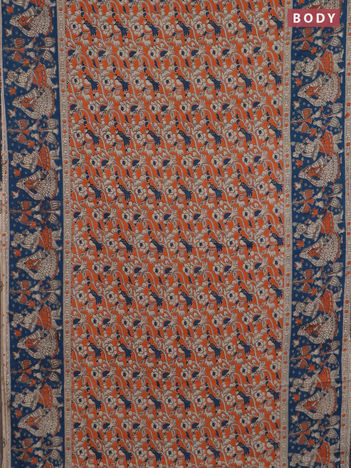 Kalamkari cotton saree orange and peacock blue with allover prints and long printed border - Image 2