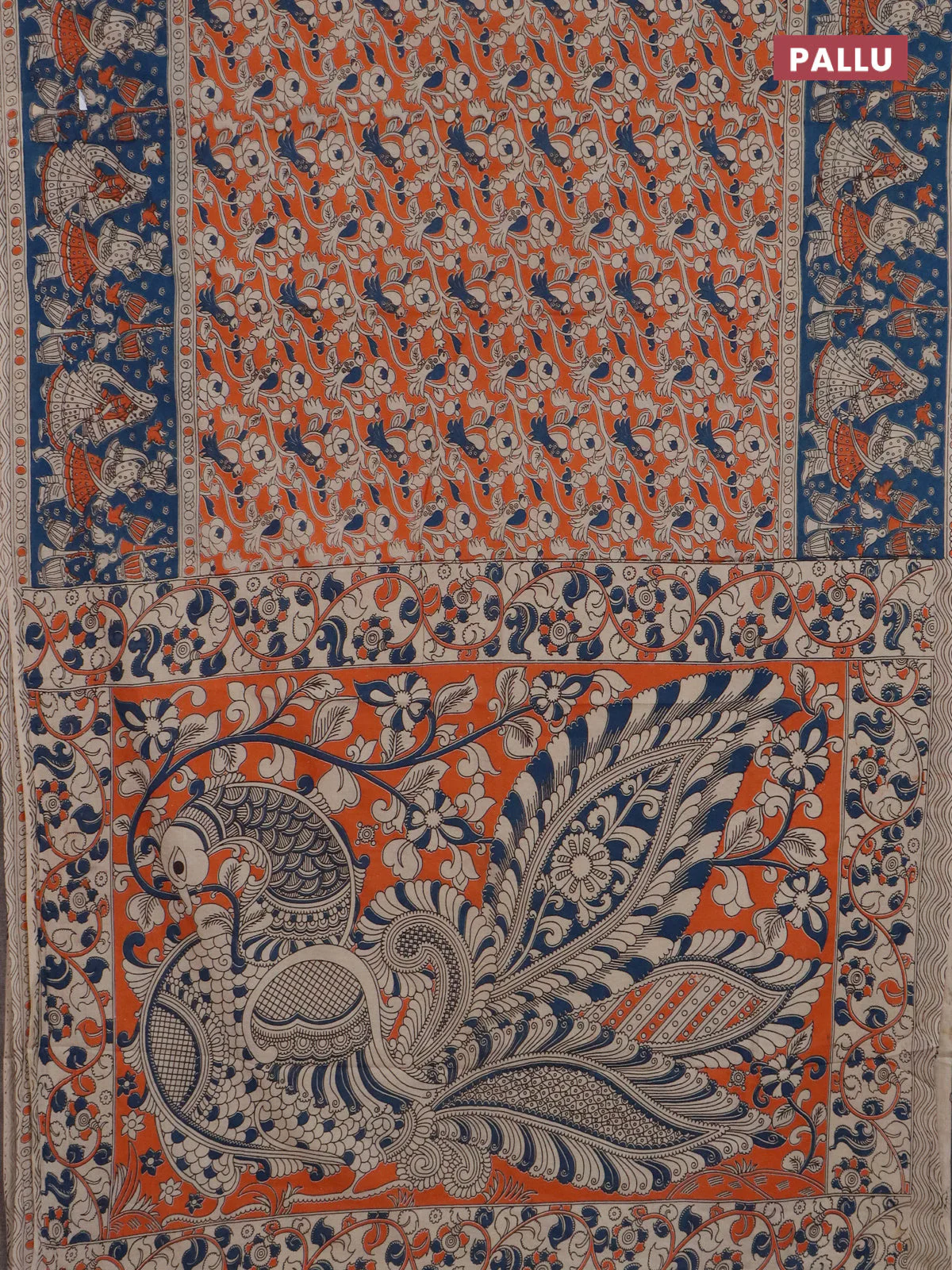 Kalamkari cotton saree orange and peacock blue with allover prints and long printed border - Image 3
