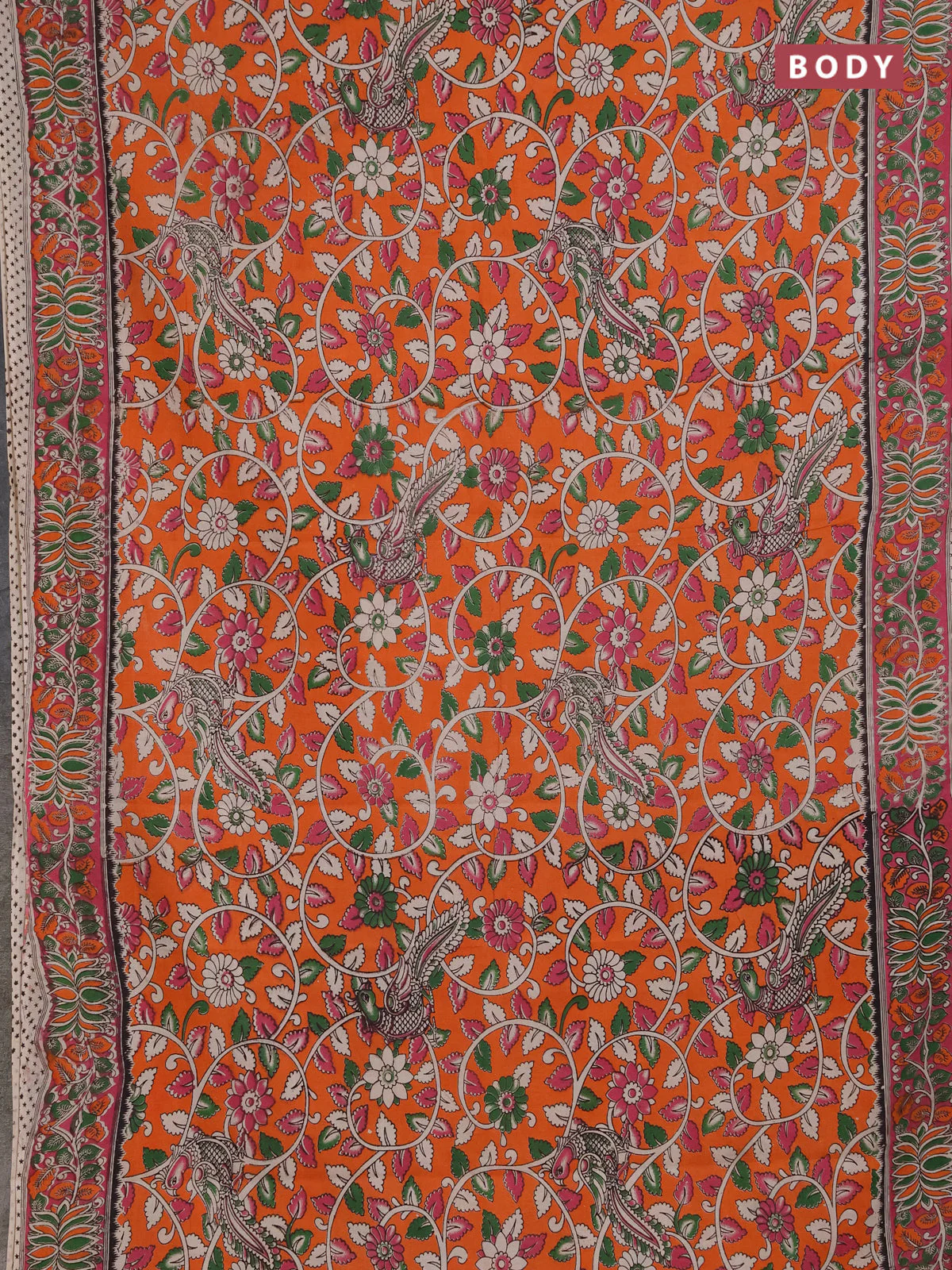 Kalamkari cotton saree orange and pink with allover prints and printed border - Image 2