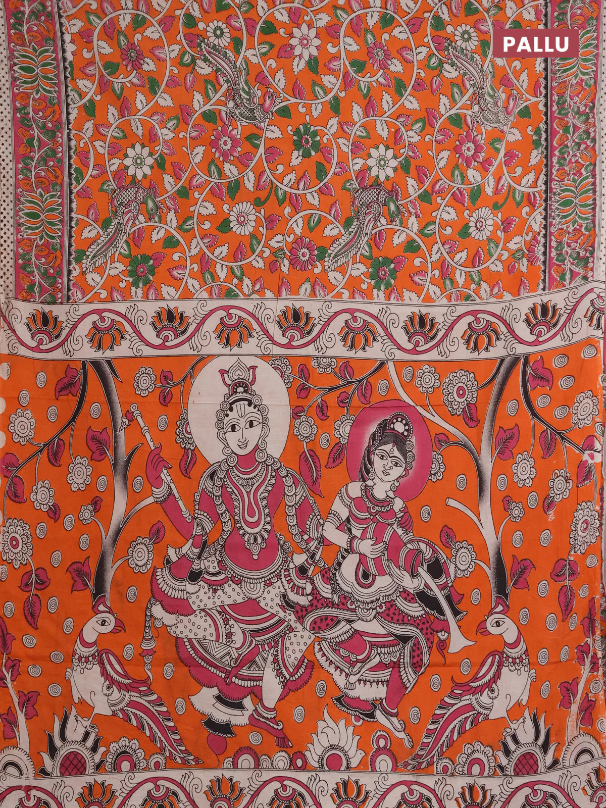 Kalamkari cotton saree orange and pink with allover prints and printed border - Image 3