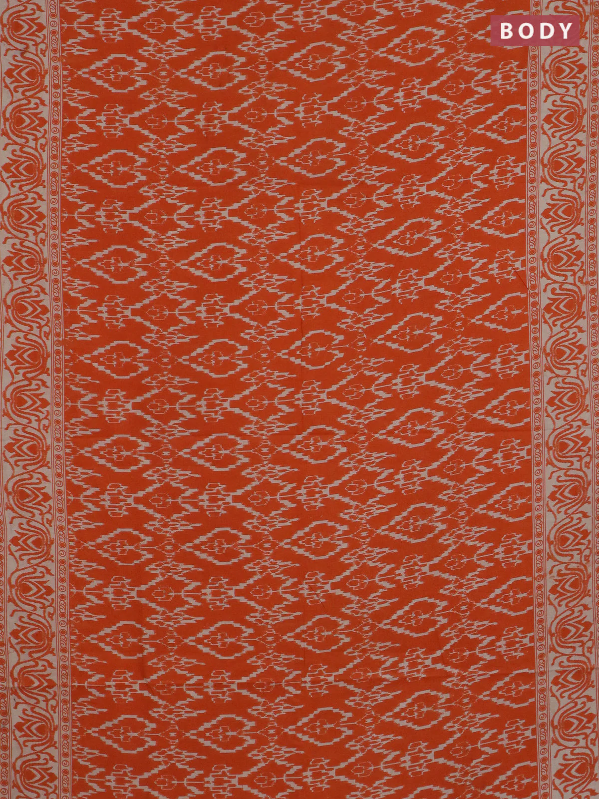 Kalamkari cotton saree orange with allover ikat prints and printed border - Image 2