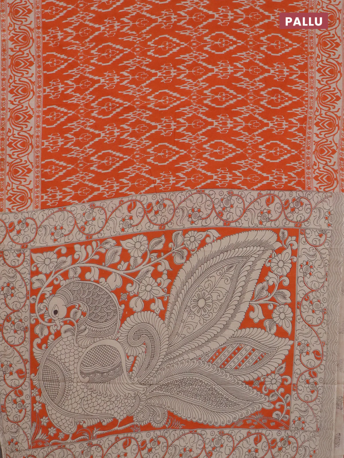 Kalamkari cotton saree orange with allover ikat prints and printed border - Image 3