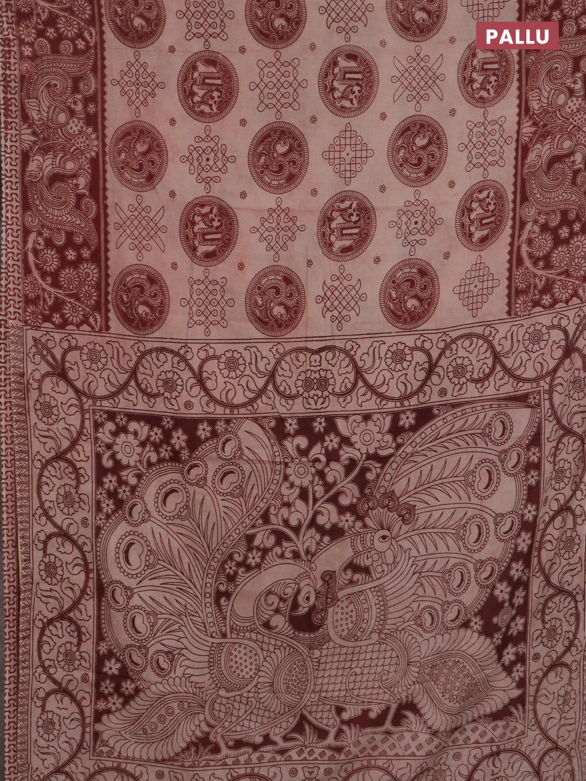 Kalamkari cotton saree pastel maroon with allover butta prints and printed border - Image 3