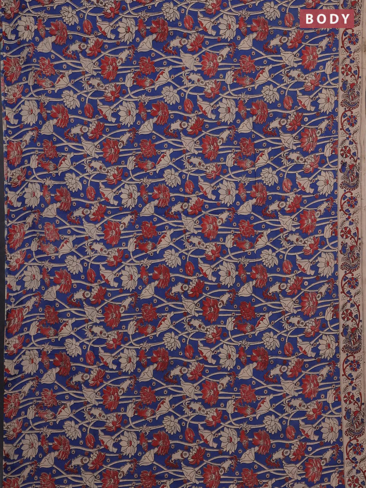 Kalamkari cotton saree peacock blue and beige with allover prints and printed border - Image 2