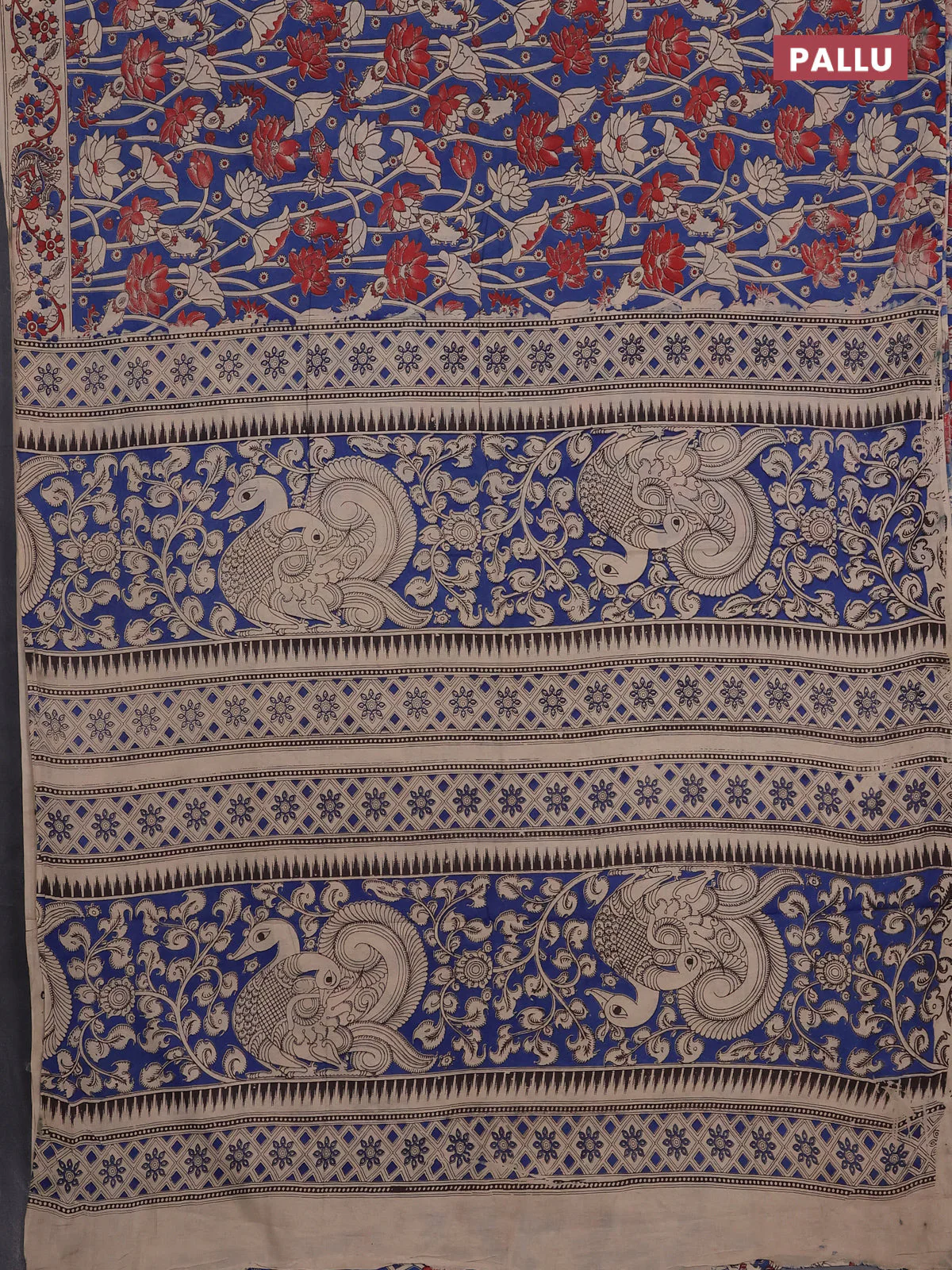 Kalamkari cotton saree peacock blue and beige with allover prints and printed border - Image 3