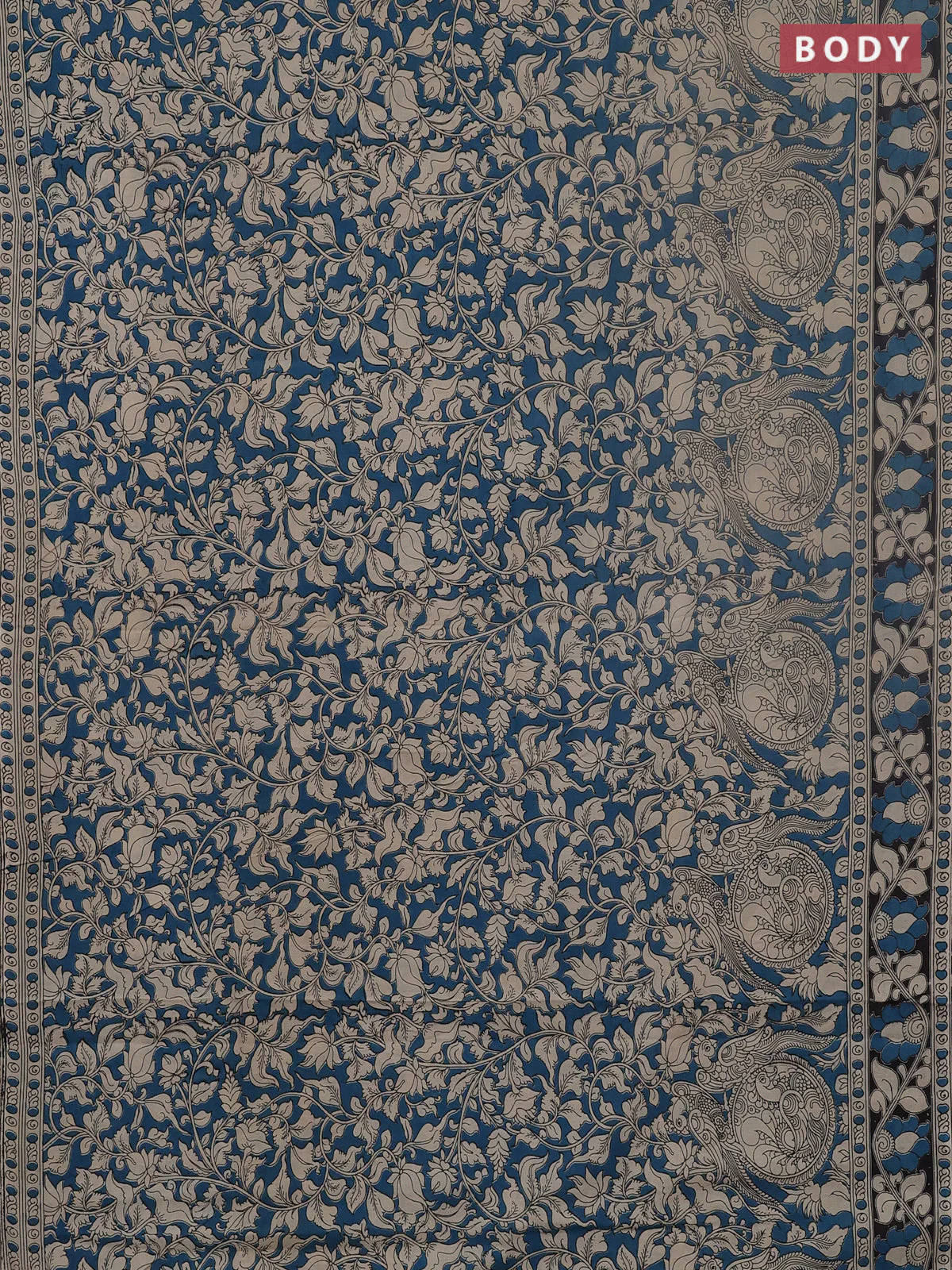 Kalamkari cotton saree peacock blue and black with allover prints and printed border - Image 2