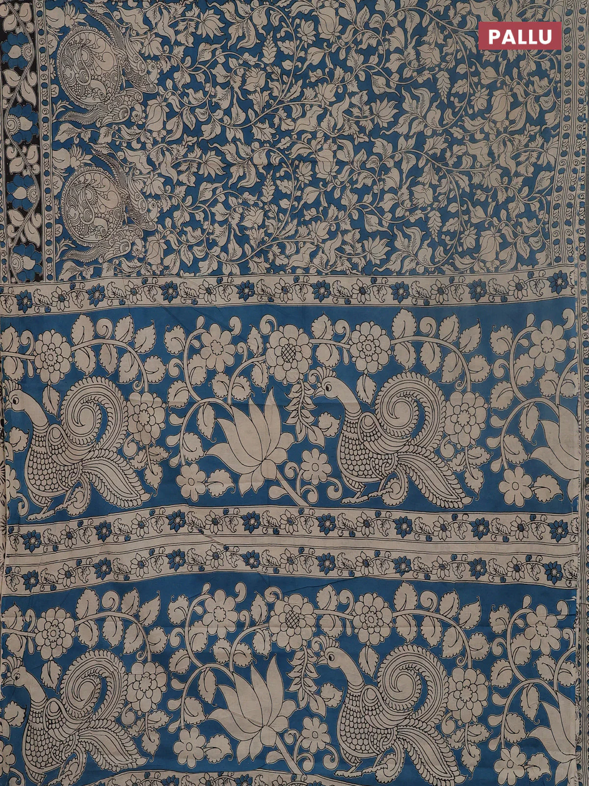 Kalamkari cotton saree peacock blue and black with allover prints and printed border - Image 3