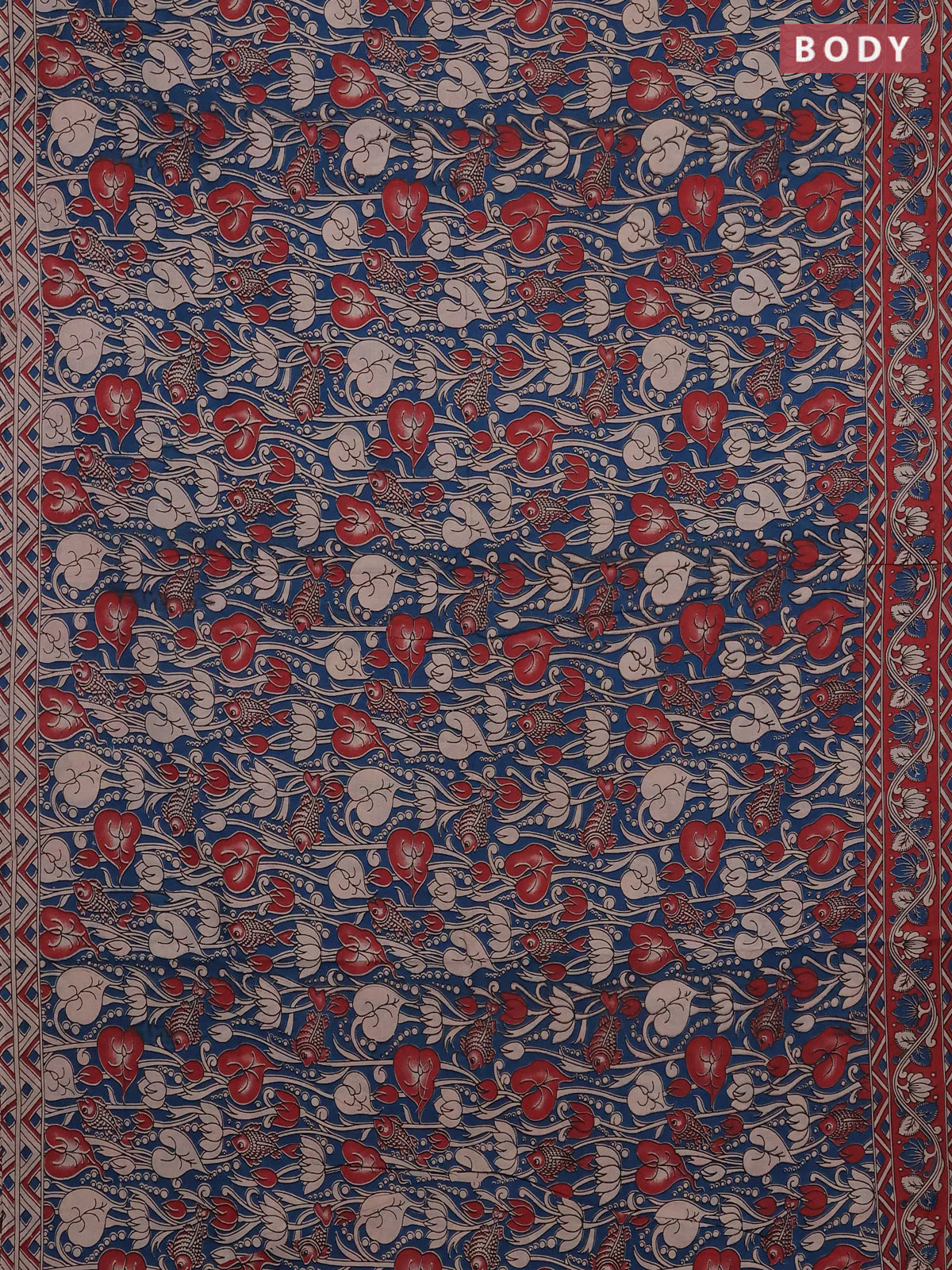 Kalamkari cotton saree peacock blue and maroon with allover prints and printed border - Image 2