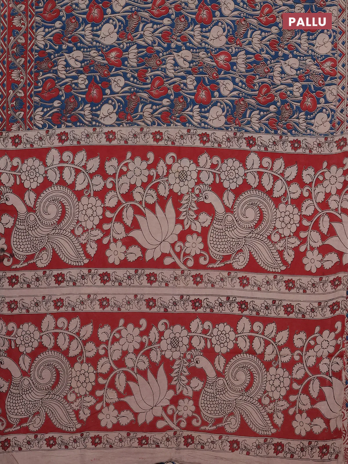 Kalamkari cotton saree peacock blue and maroon with allover prints and printed border - Image 3