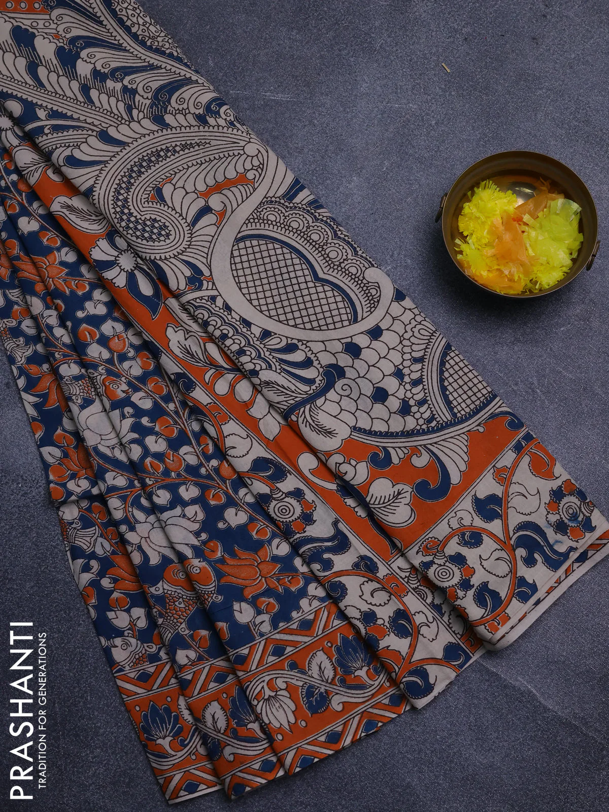 Kalamkari cotton saree peacock green and orange with allover prints and printed border