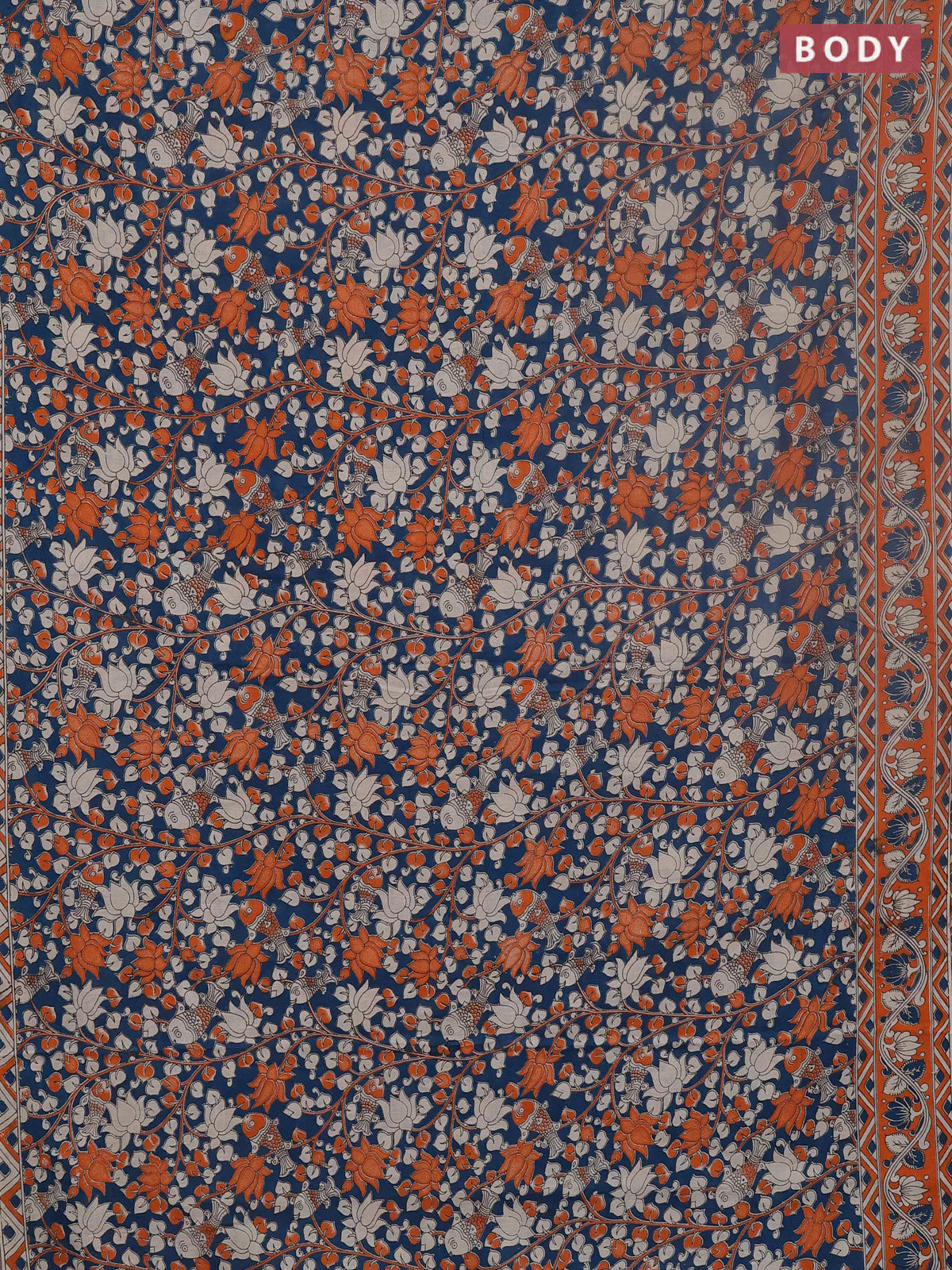 Kalamkari cotton saree peacock green and orange with allover prints and printed border - Image 2