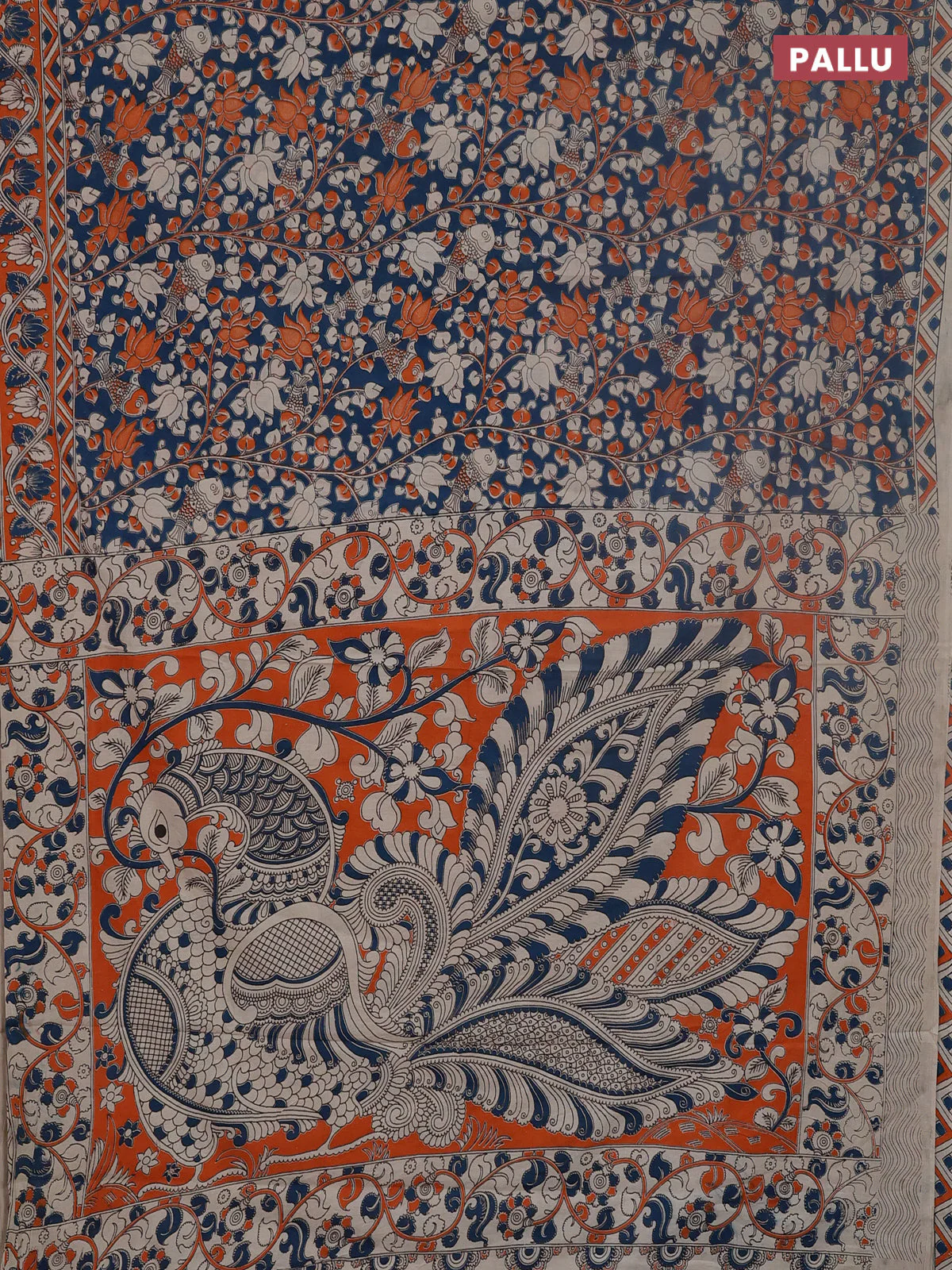 Kalamkari cotton saree peacock green and orange with allover prints and printed border - Image 3