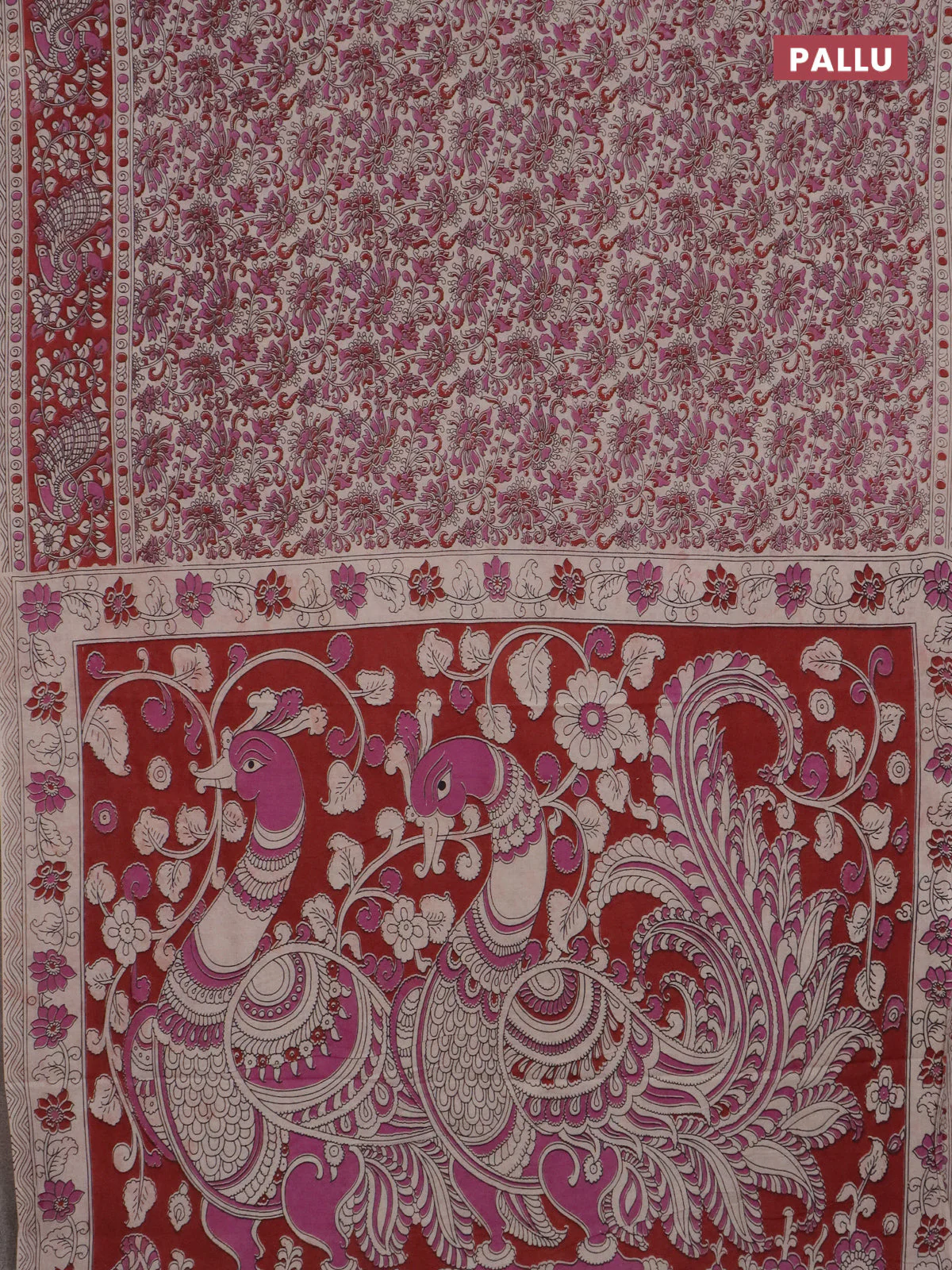 Kalamkari cotton saree pink and rust shade with allover prints and printed border - Image 3