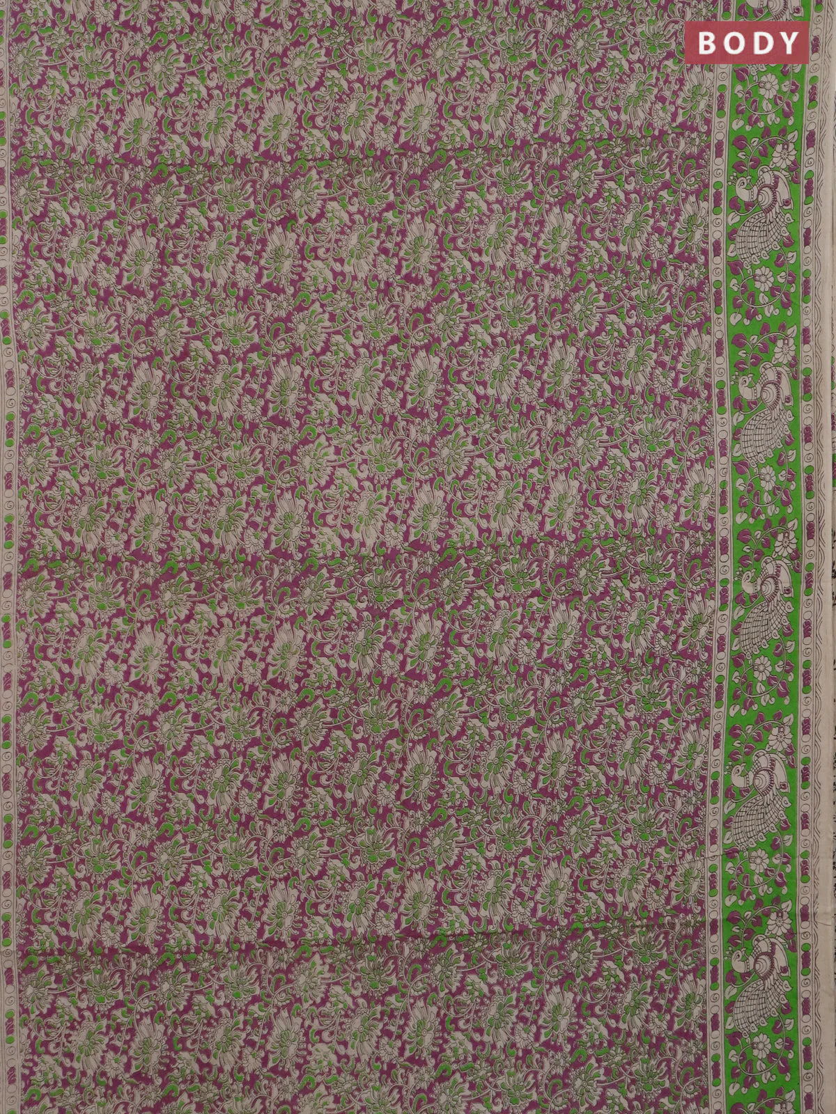 Kalamkari cotton saree purple and light green with allover prints and printed border - Image 2