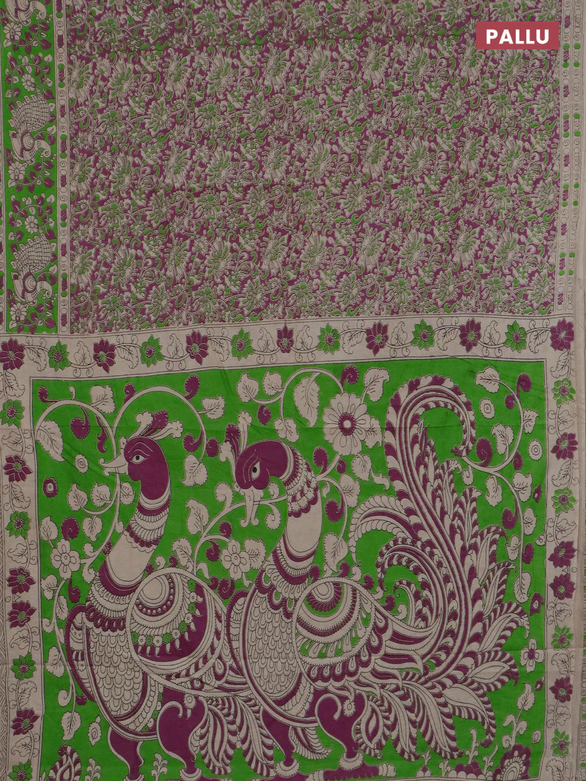 Kalamkari cotton saree purple and light green with allover prints and printed border - Image 3