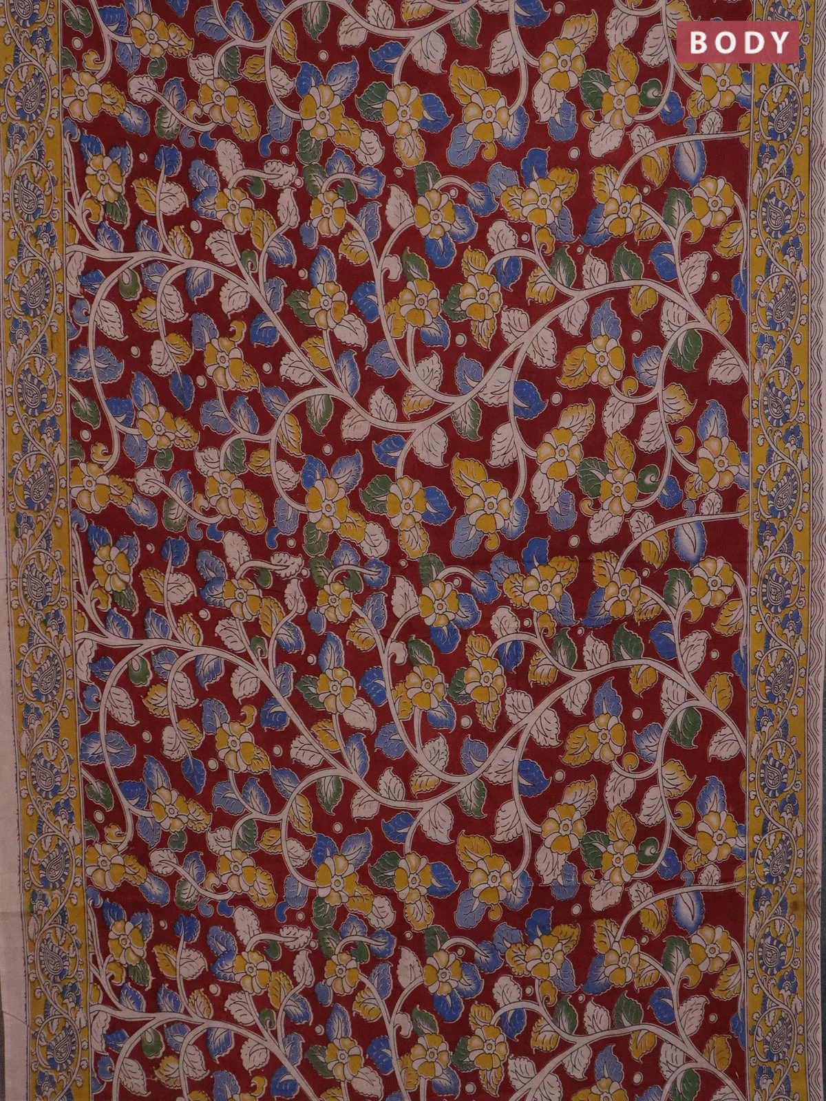 Kalamkari cotton saree rust shade and yellow with allover prints and printed border - Image 2
