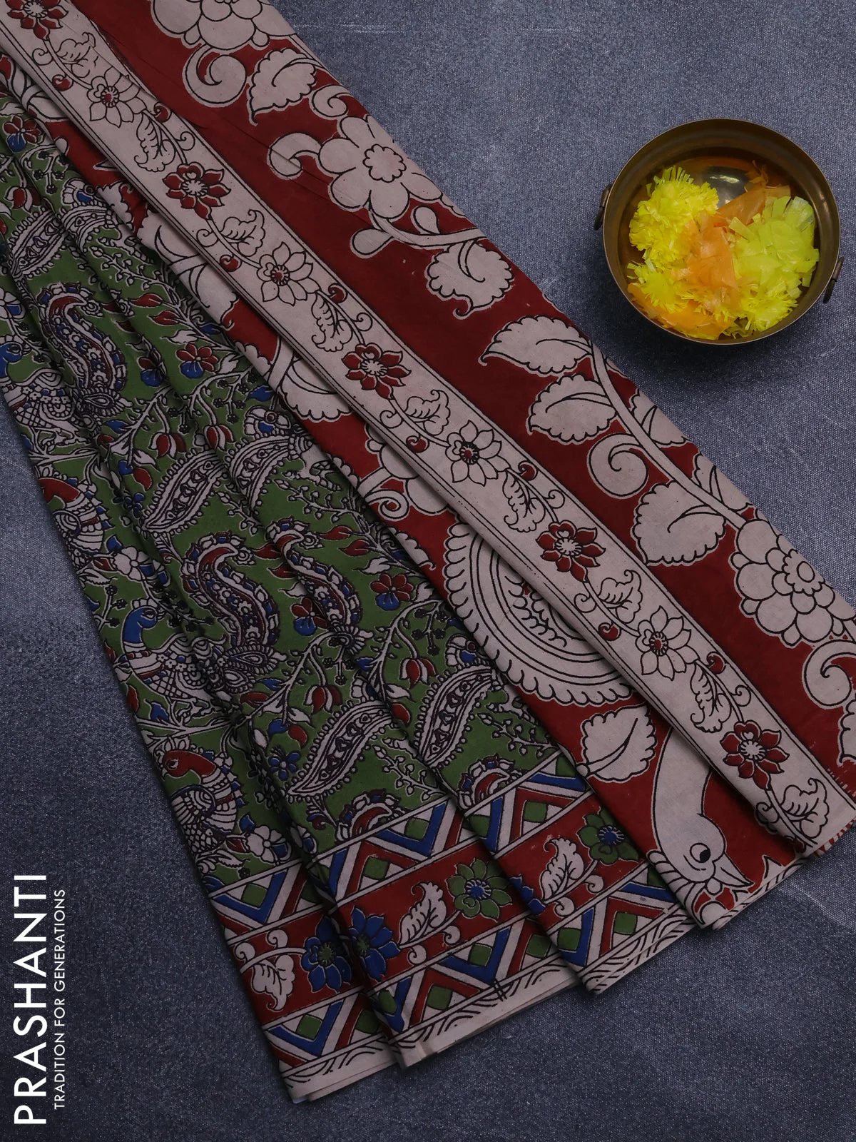 Kalamkari cotton saree sap green and maroon with allover prints and printed border