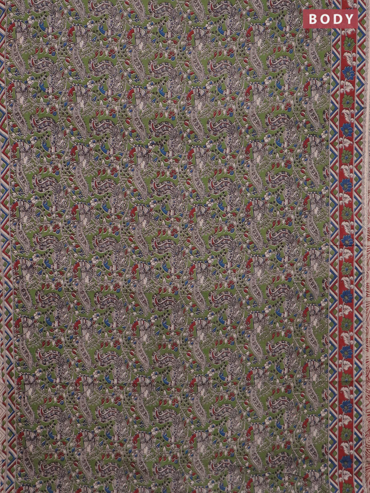 Kalamkari cotton saree sap green and maroon with allover prints and printed border - Image 2