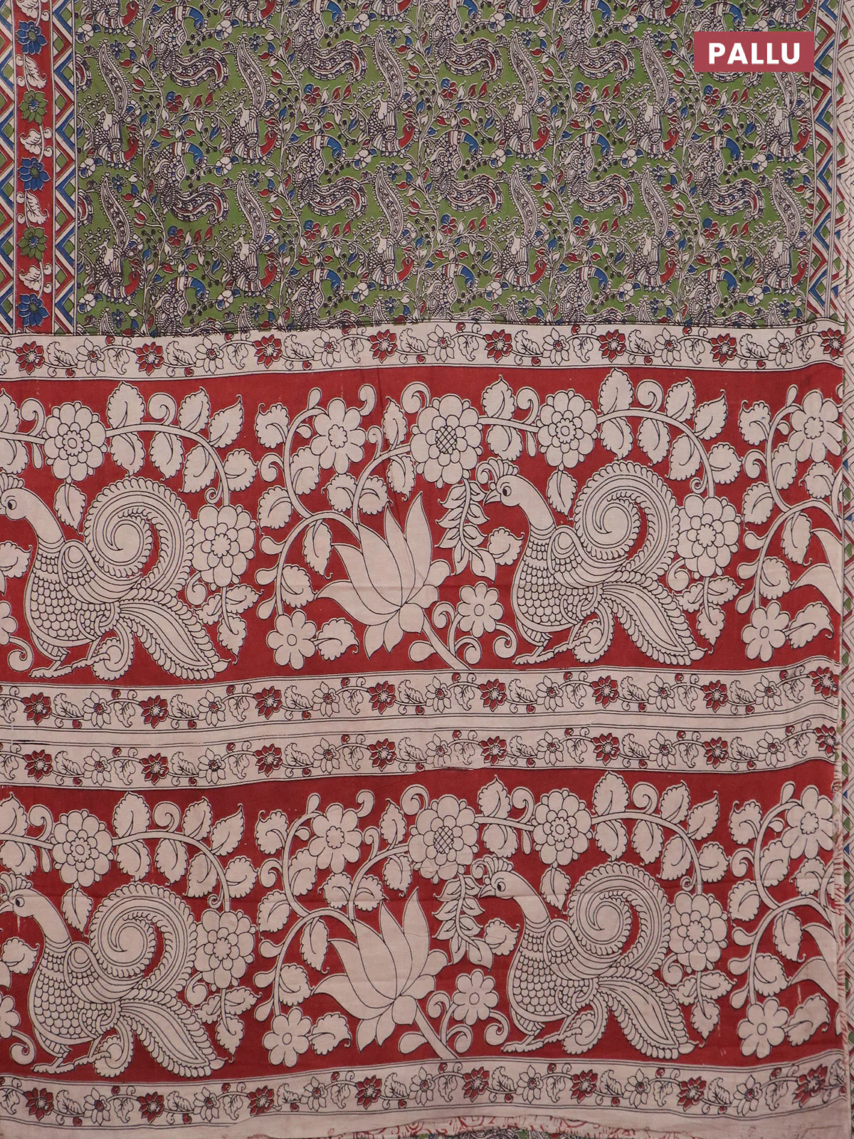 Kalamkari cotton saree sap green and maroon with allover prints and printed border - Image 3