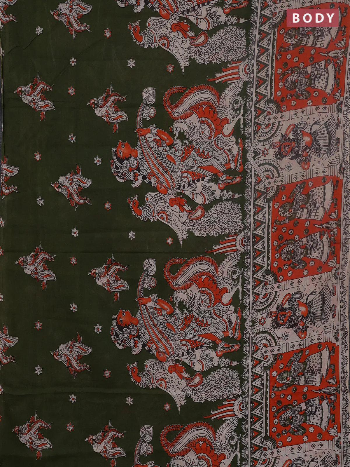 Kalamkari cotton saree sap green and orange with allover prints and long printed border - Image 2
