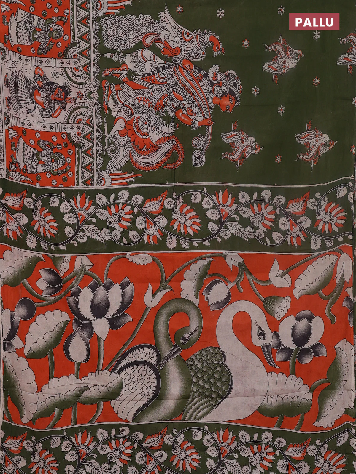 Kalamkari cotton saree sap green and orange with allover prints and long printed border - Image 3