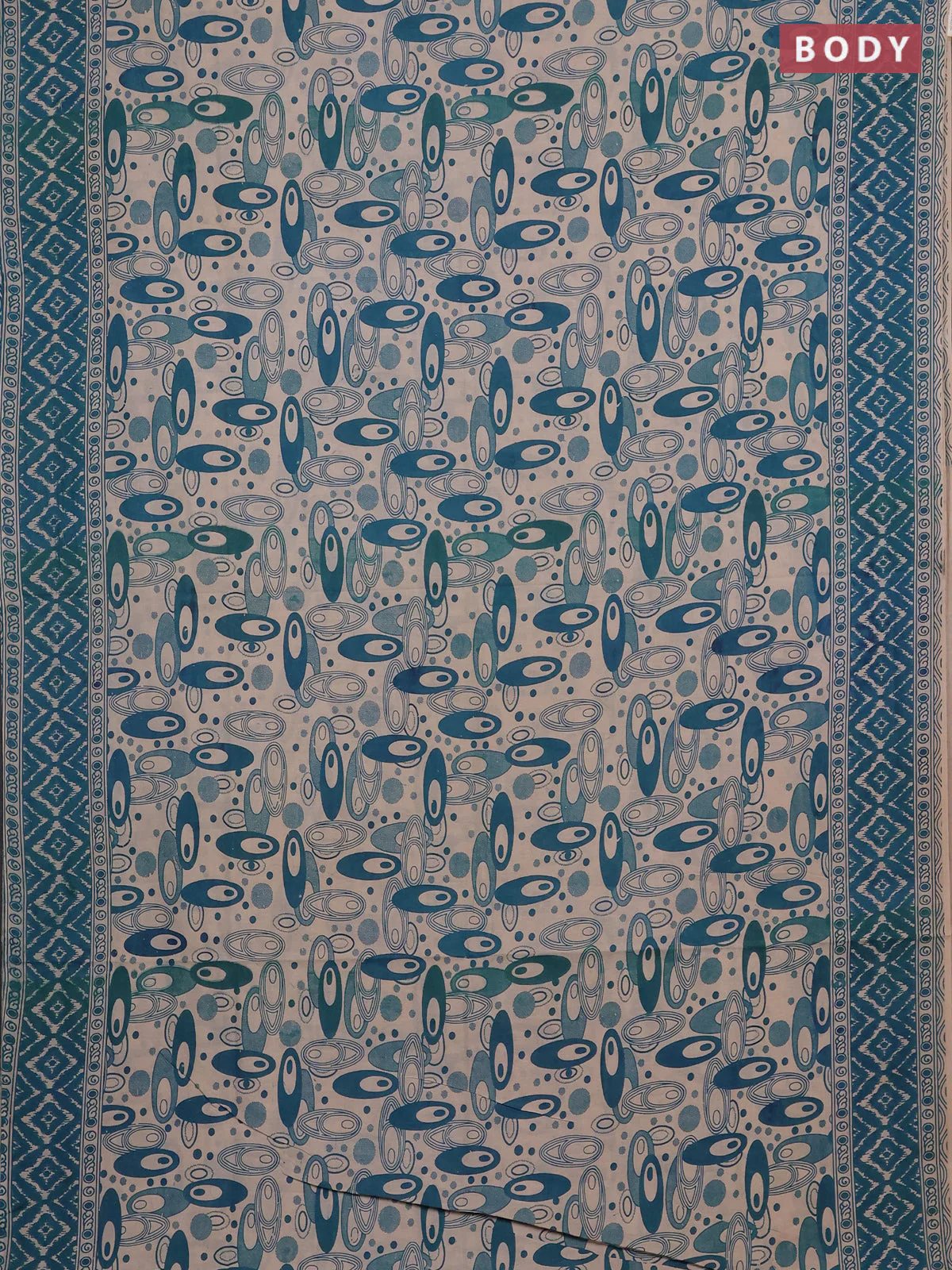 Kalamkari cotton saree teal green and beige with allover geomatric prints and printed border - Image 2