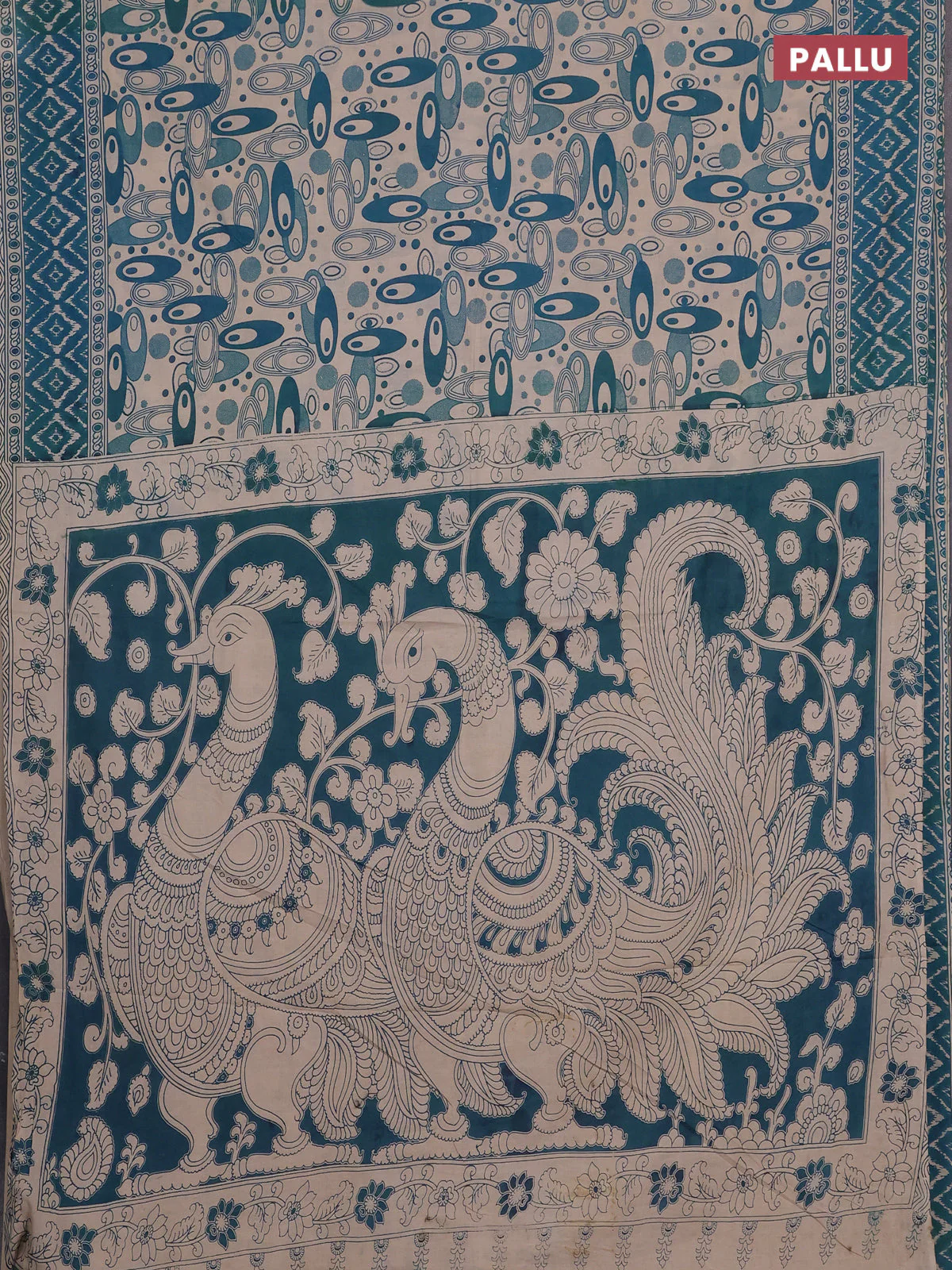 Kalamkari cotton saree teal green and beige with allover geomatric prints and printed border - Image 3