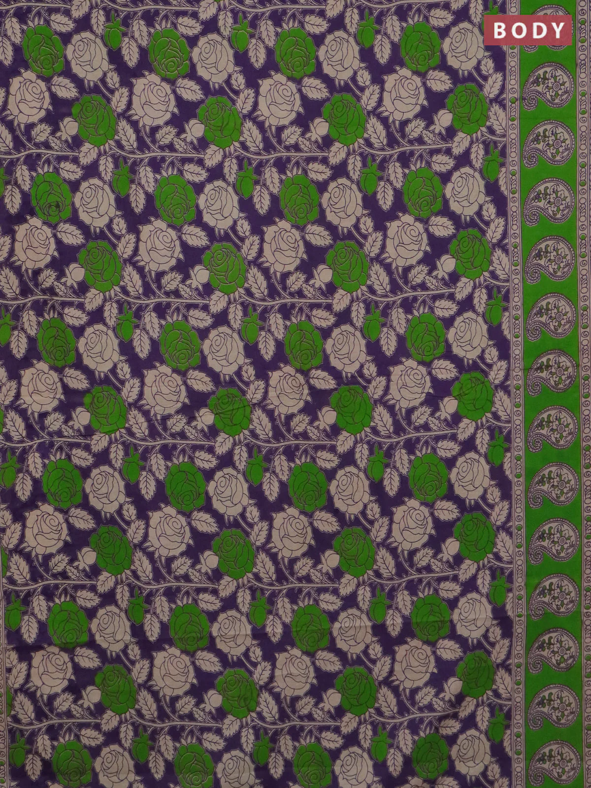 Kalamkari cotton saree violet and green with allover prints and printed border - Image 2