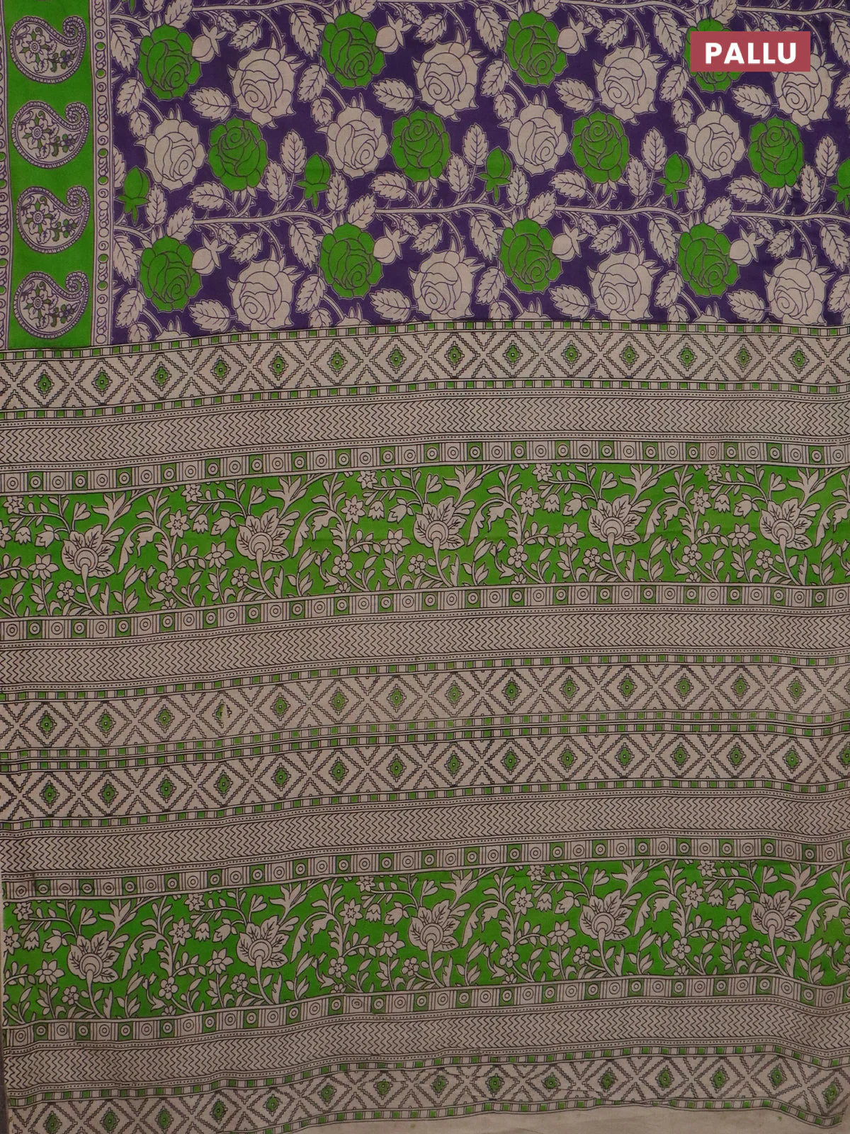 Kalamkari cotton saree violet and green with allover prints and printed border - Image 3