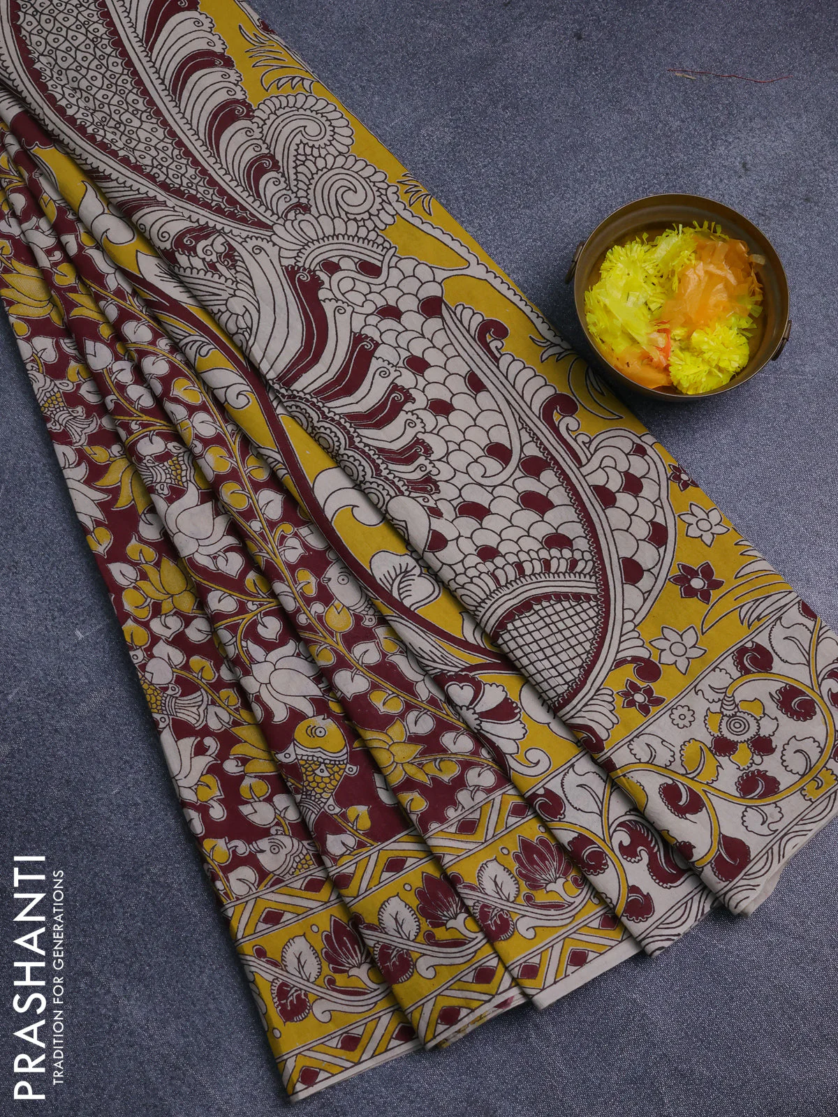 Kalamkari cotton saree wine shade and yellow with allover prints and printed border