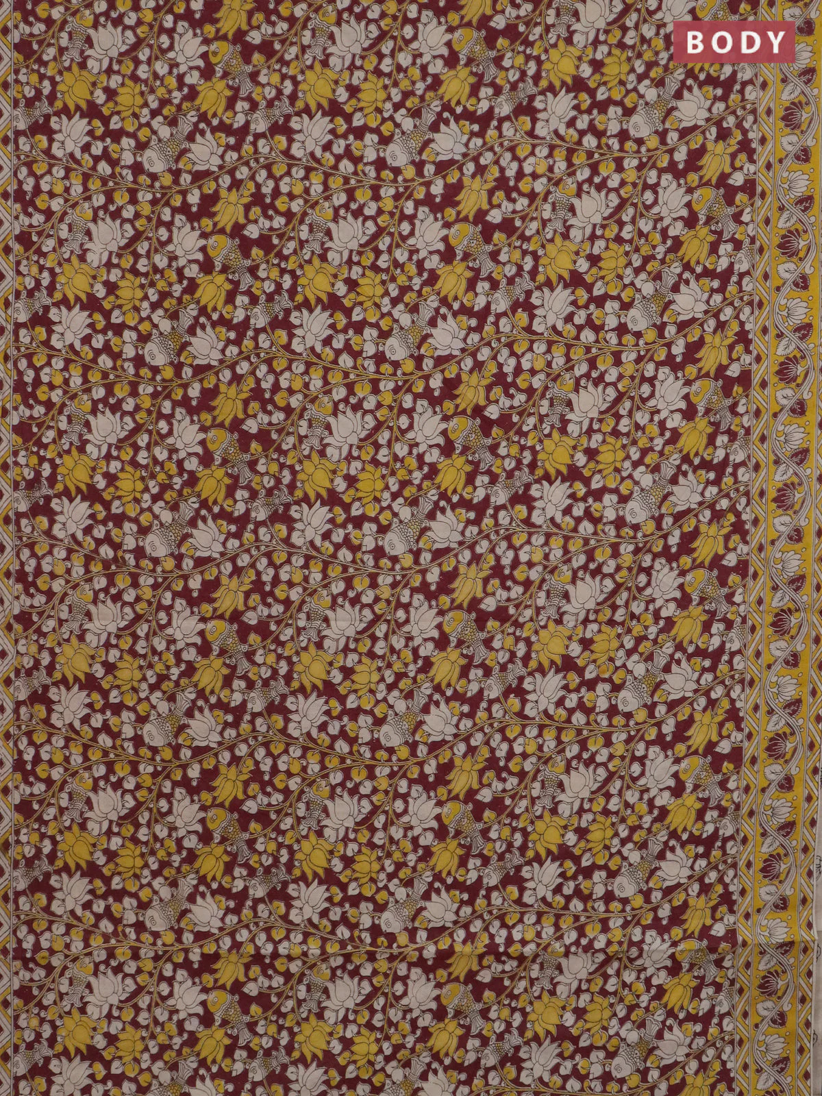Kalamkari cotton saree wine shade and yellow with allover prints and printed border - Image 2