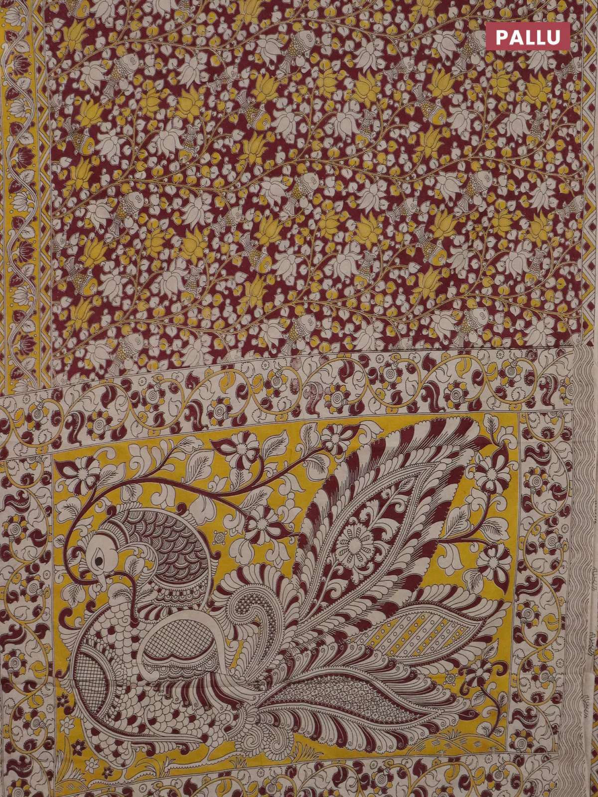 Kalamkari cotton saree wine shade and yellow with allover prints and printed border - Image 3