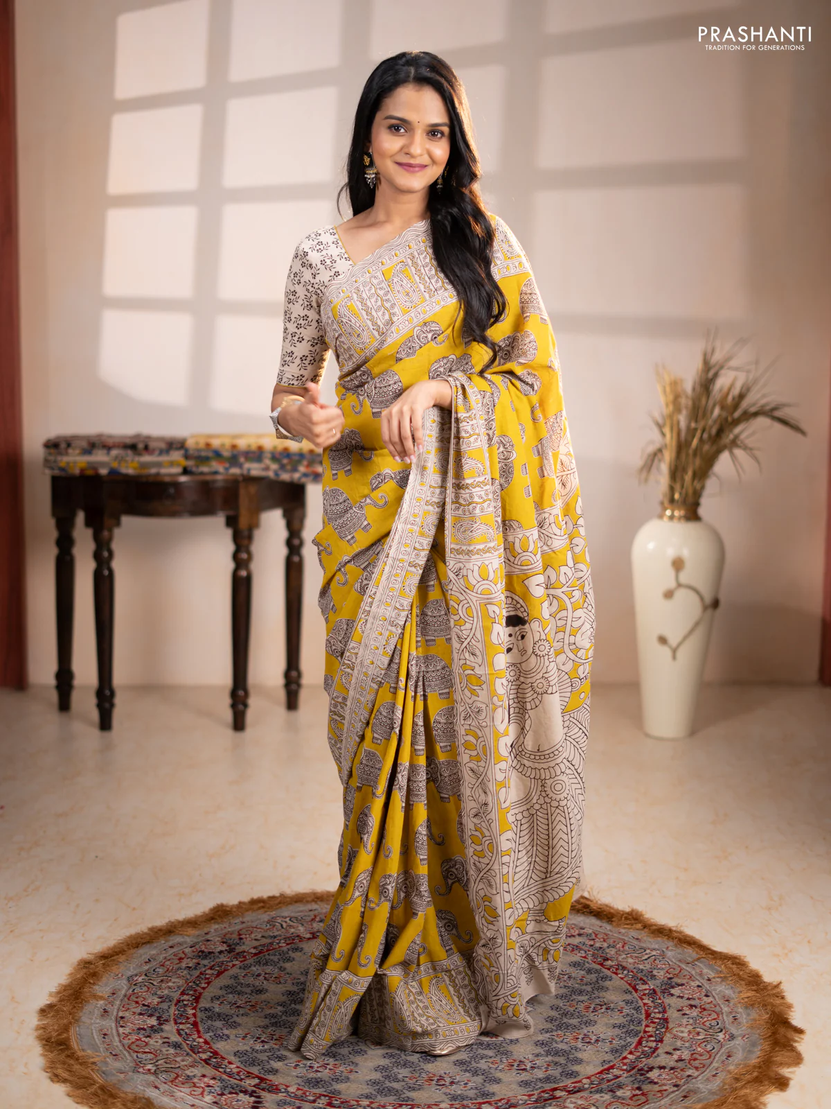 Kalamkari cotton saree yellow and beige with allover butta prints and printed border - Image 2