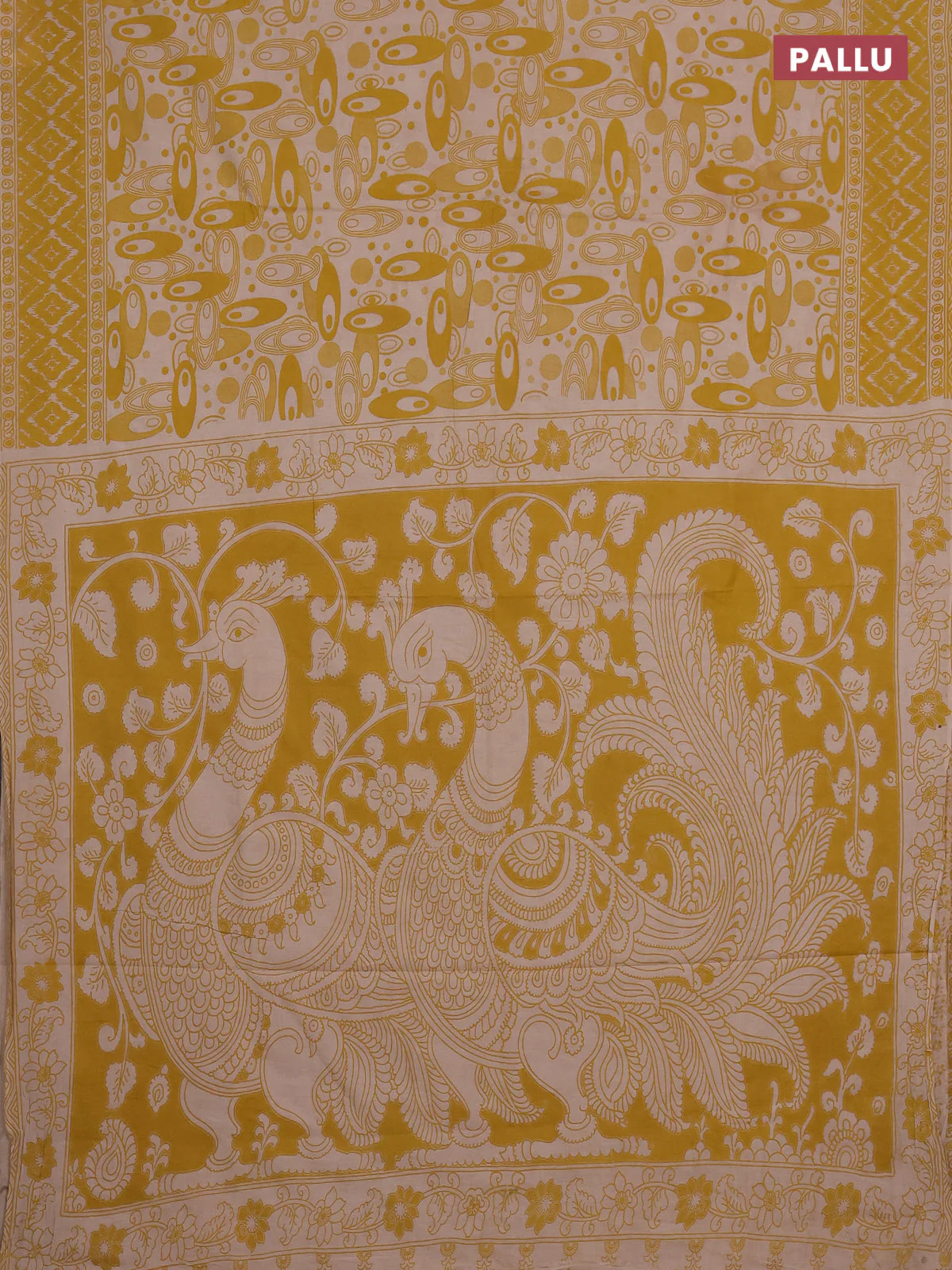Kalamkari cotton saree yellow and beige with allover geomatric prints and printed border - Image 3