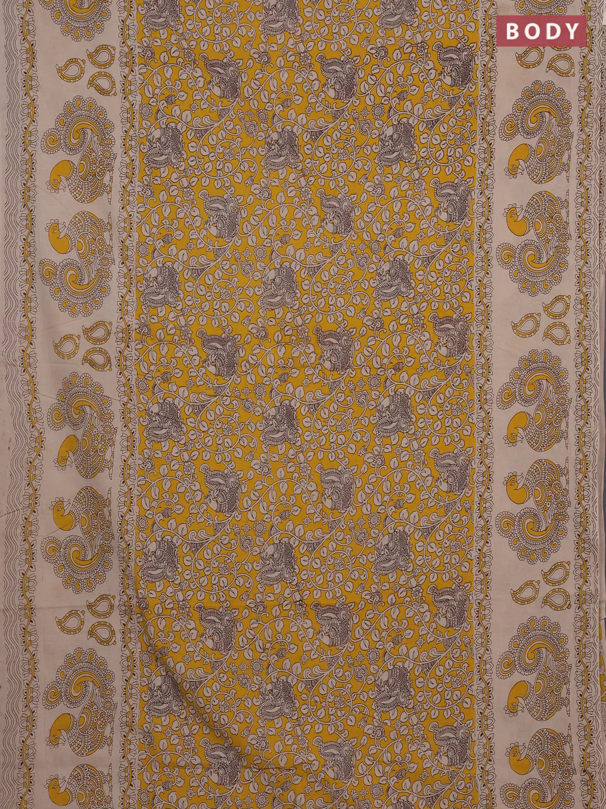 Kalamkari cotton saree yellow and beige with allover prints and long printed border - Image 2