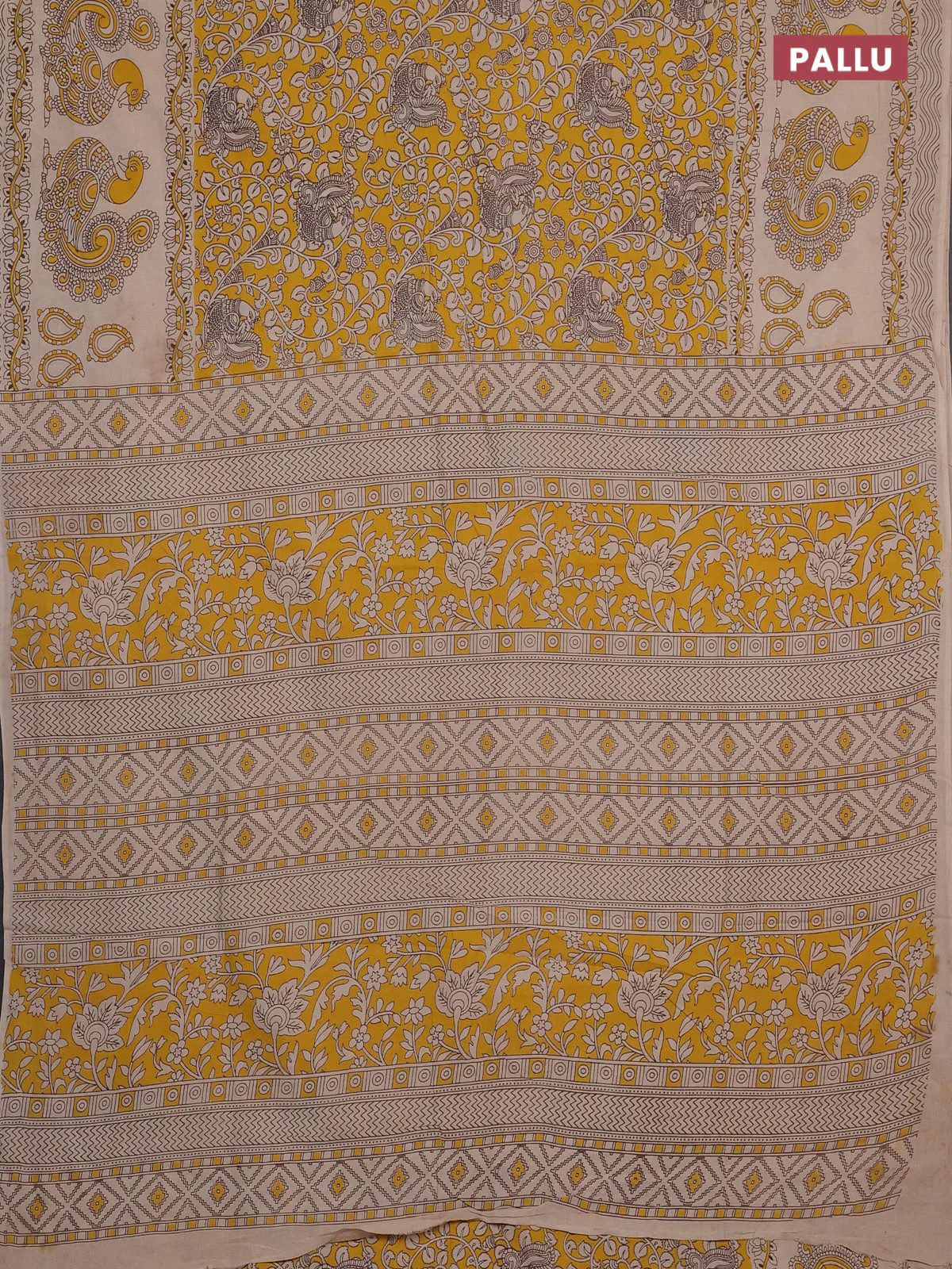 Kalamkari cotton saree yellow and beige with allover prints and long printed border - Image 3