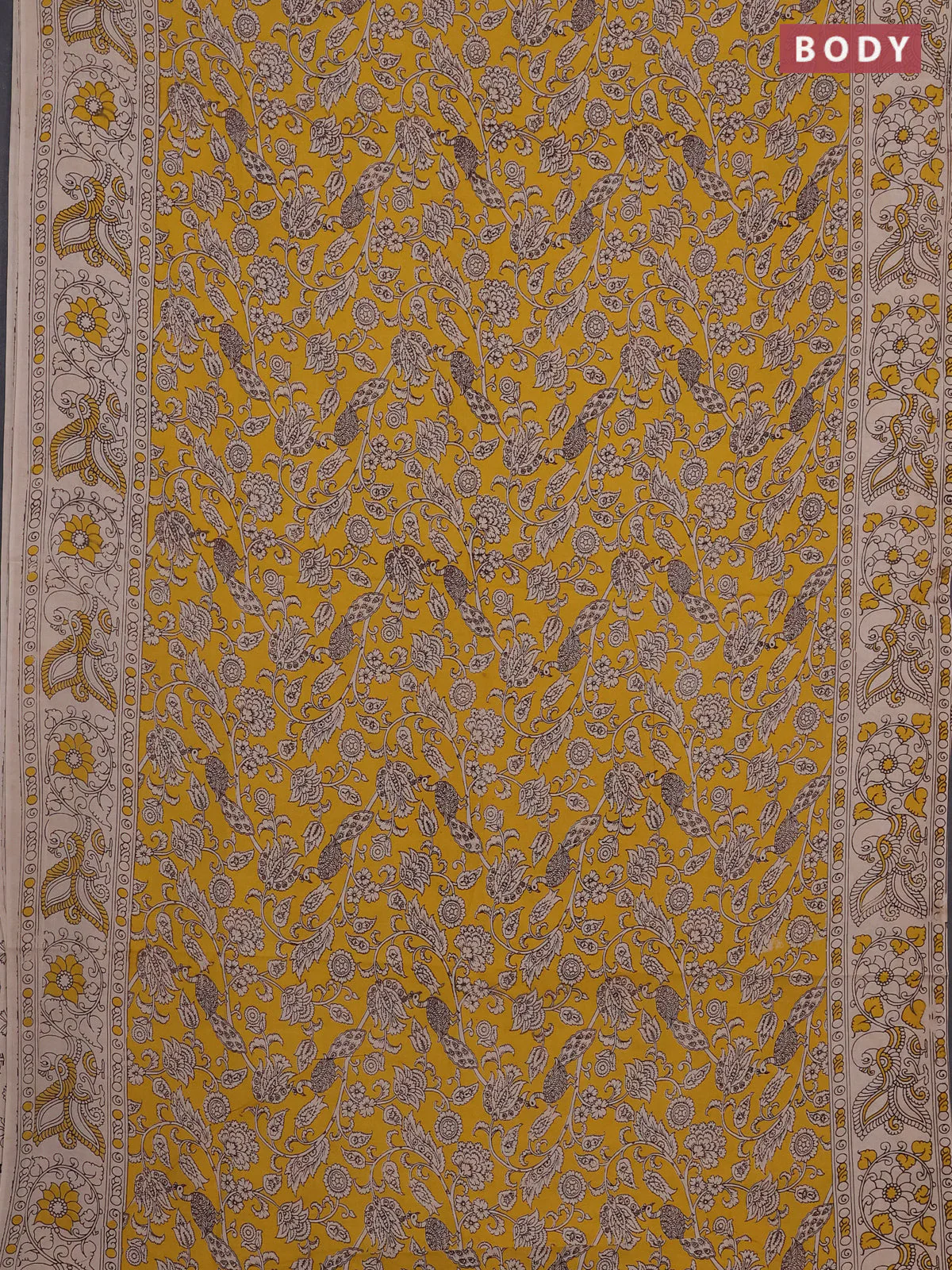 Kalamkari cotton saree yellow and beige with allover prints and printed border - Image 2