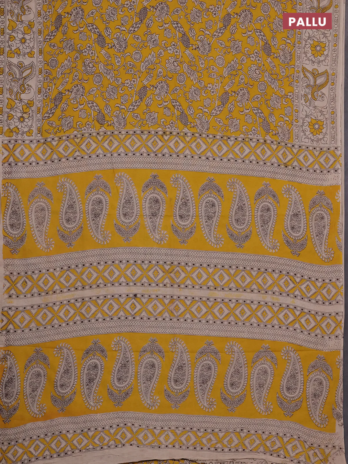 Kalamkari cotton saree yellow and beige with allover prints and printed border - Image 3