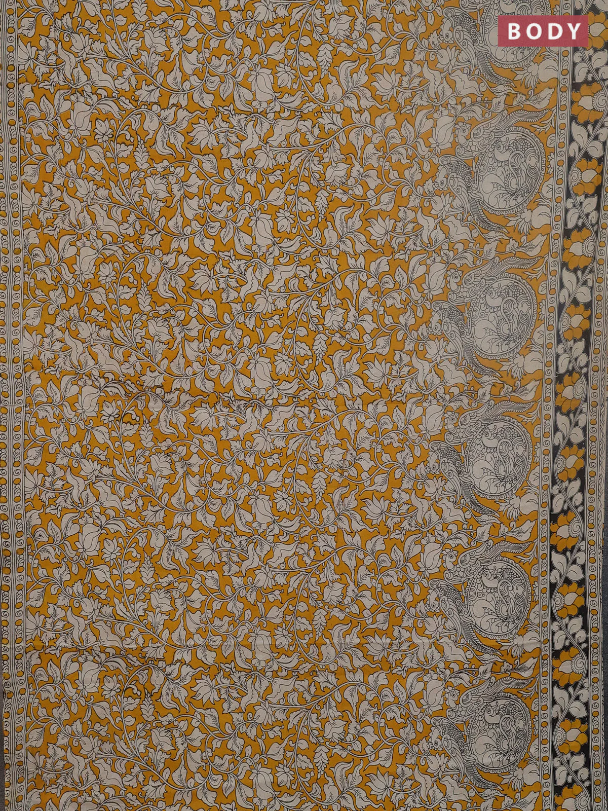 Kalamkari cotton saree yellow and black with allover prints and printed border - Image 2