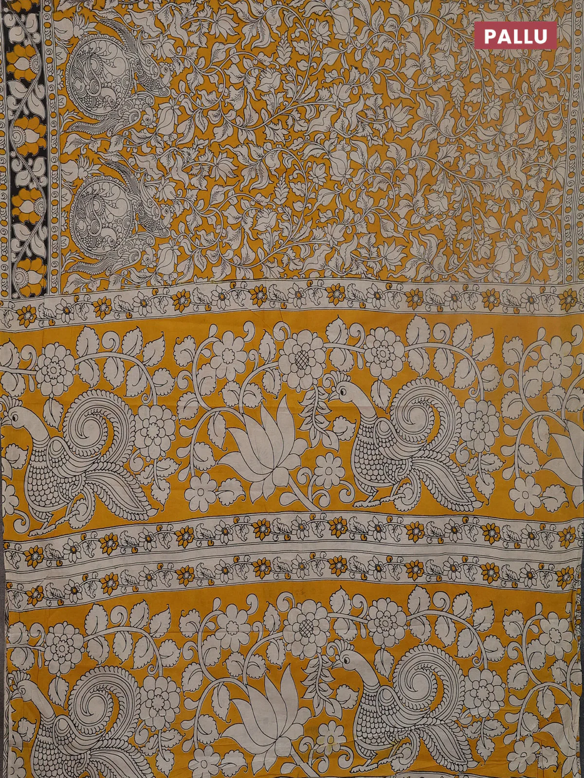 Kalamkari cotton saree yellow and black with allover prints and printed border - Image 3